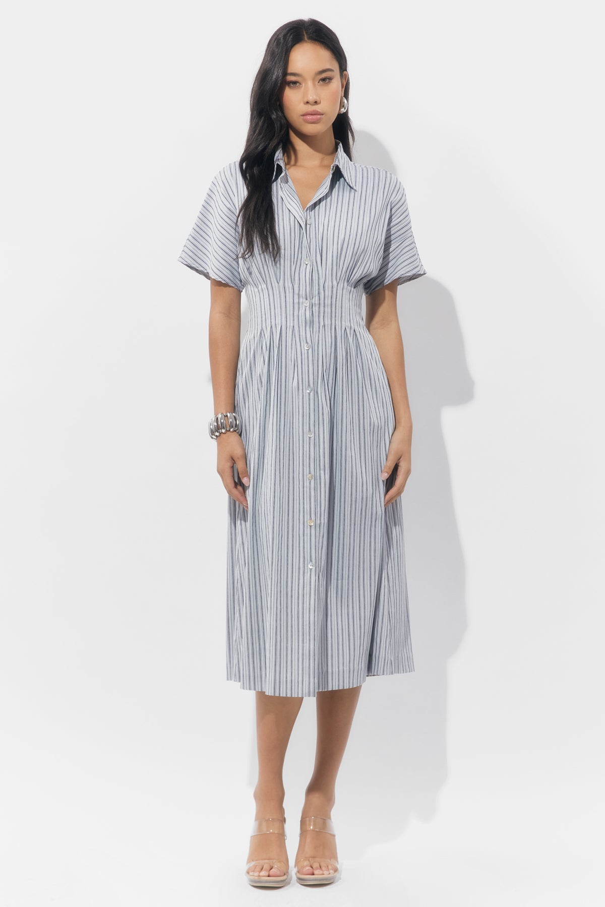 Audrey Button Up Pleated Stripe Shirt Dress