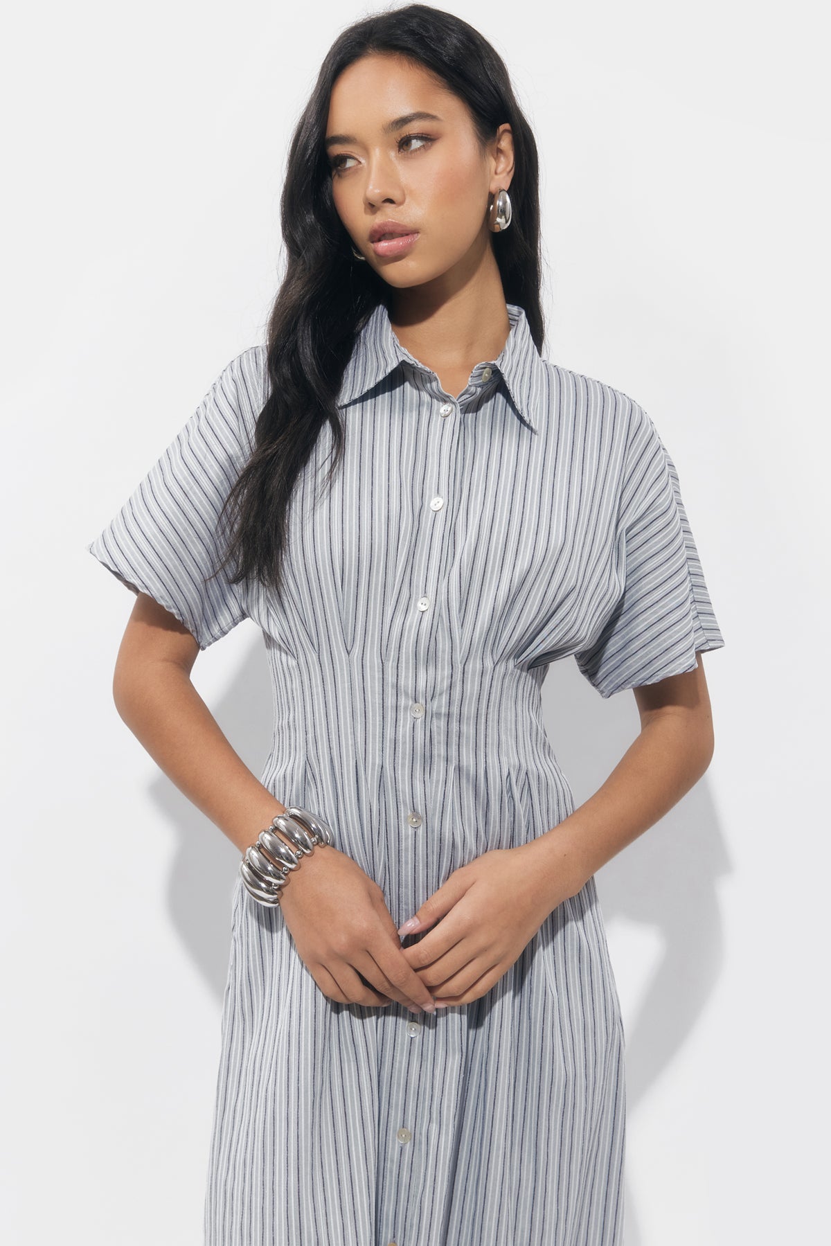 Audrey Button Up Pleated Stripe Shirt Dress