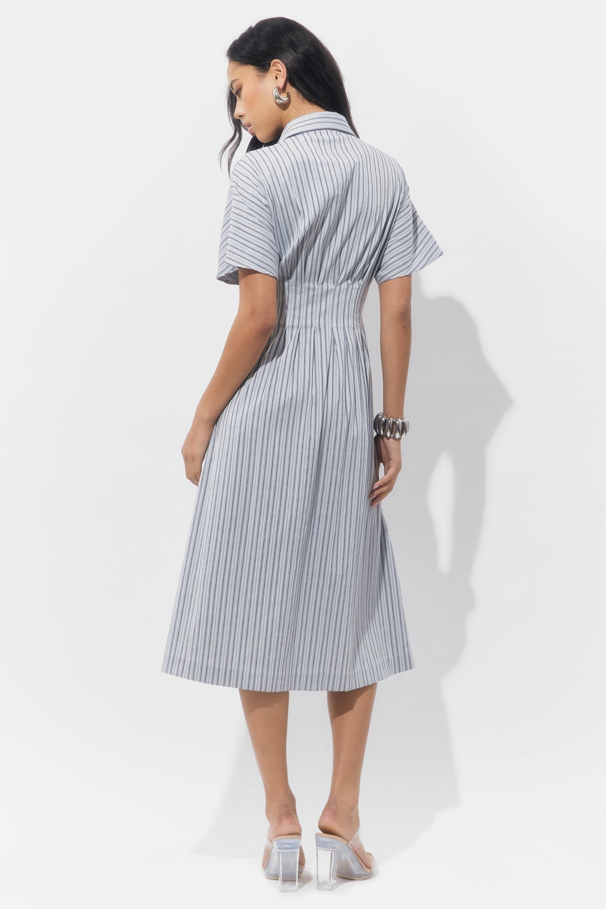 Audrey Button Up Pleated Stripe Shirt Dress