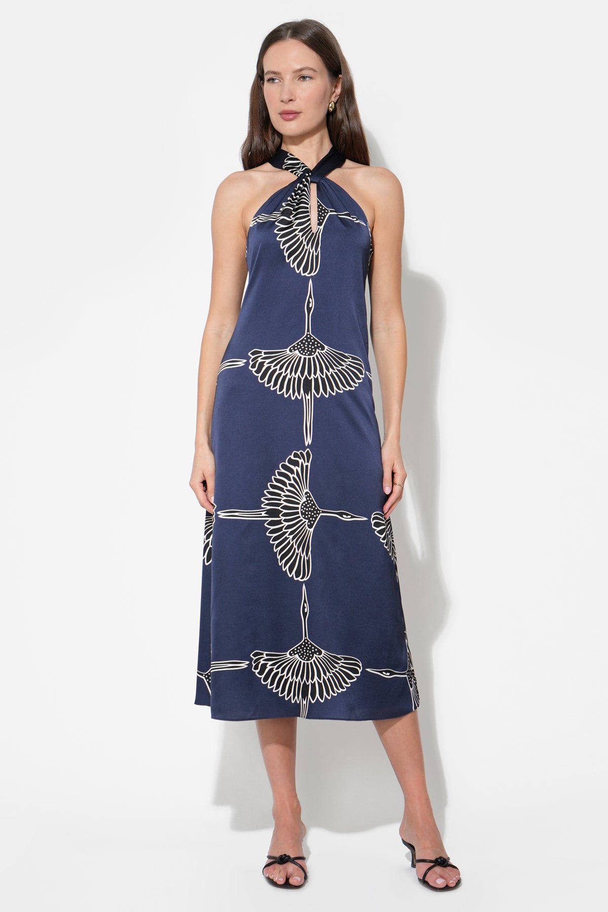Cecelia Halter Ribbon Tie Satin Midi Dress