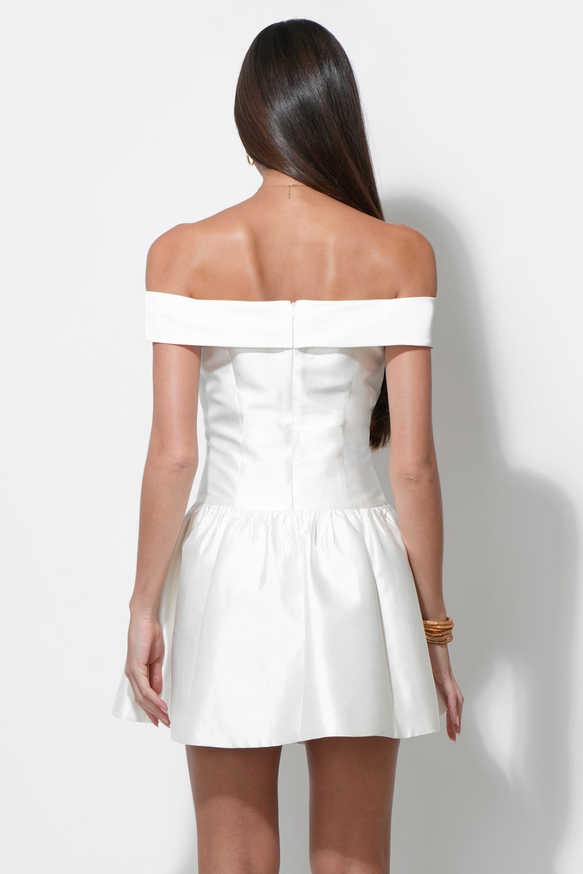 Darcy Off Shoulder Satin Drop Waist Mini Dress