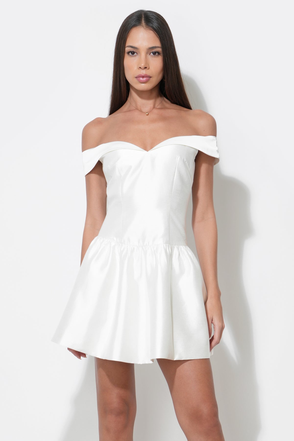 Darcy Off Shoulder Satin Drop Waist Mini Dress