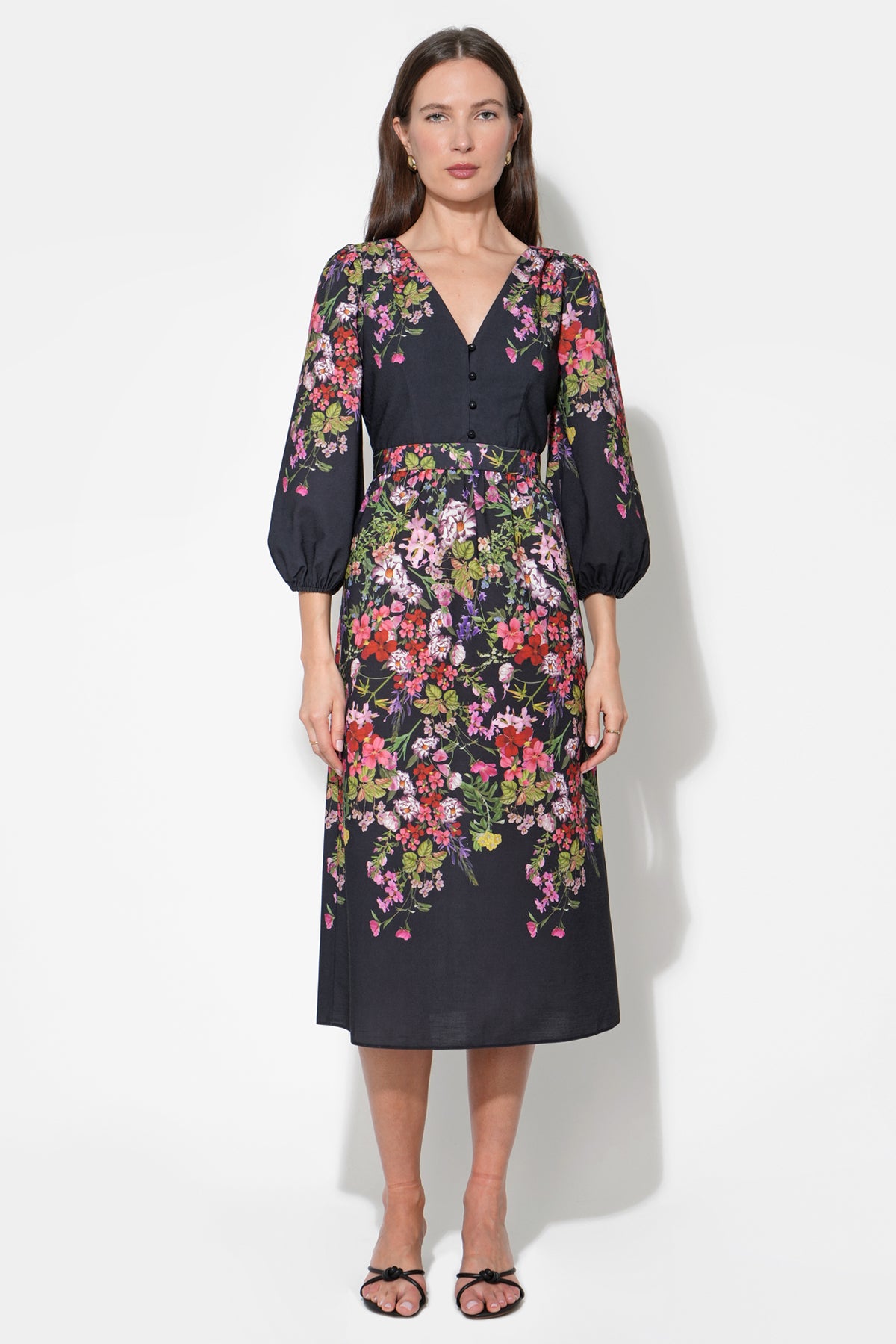 Tessa Bubble Sleeve V-Neck Floral Print Midi Dress