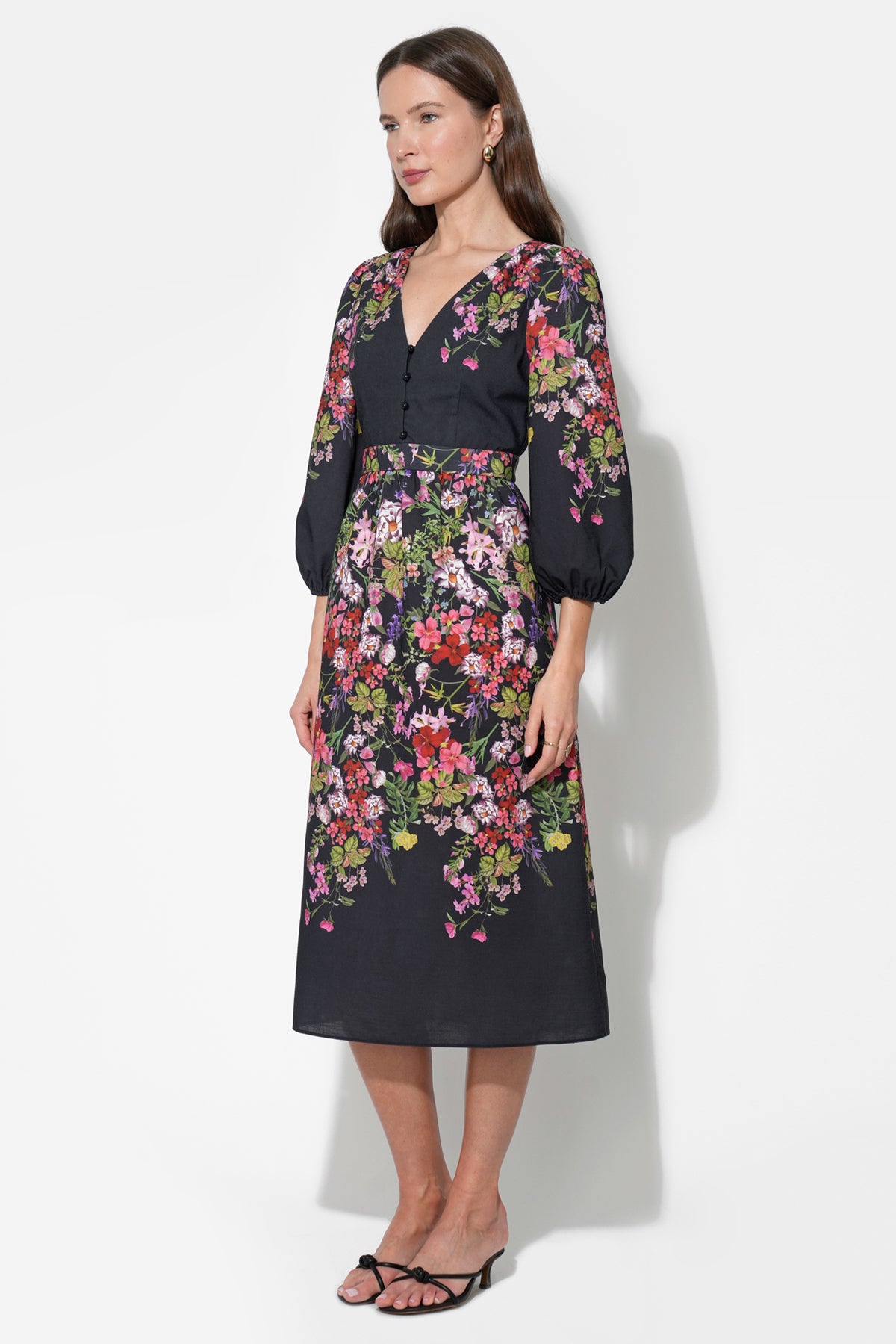 Tessa Bubble Sleeve V-Neck Floral Print Midi Dress