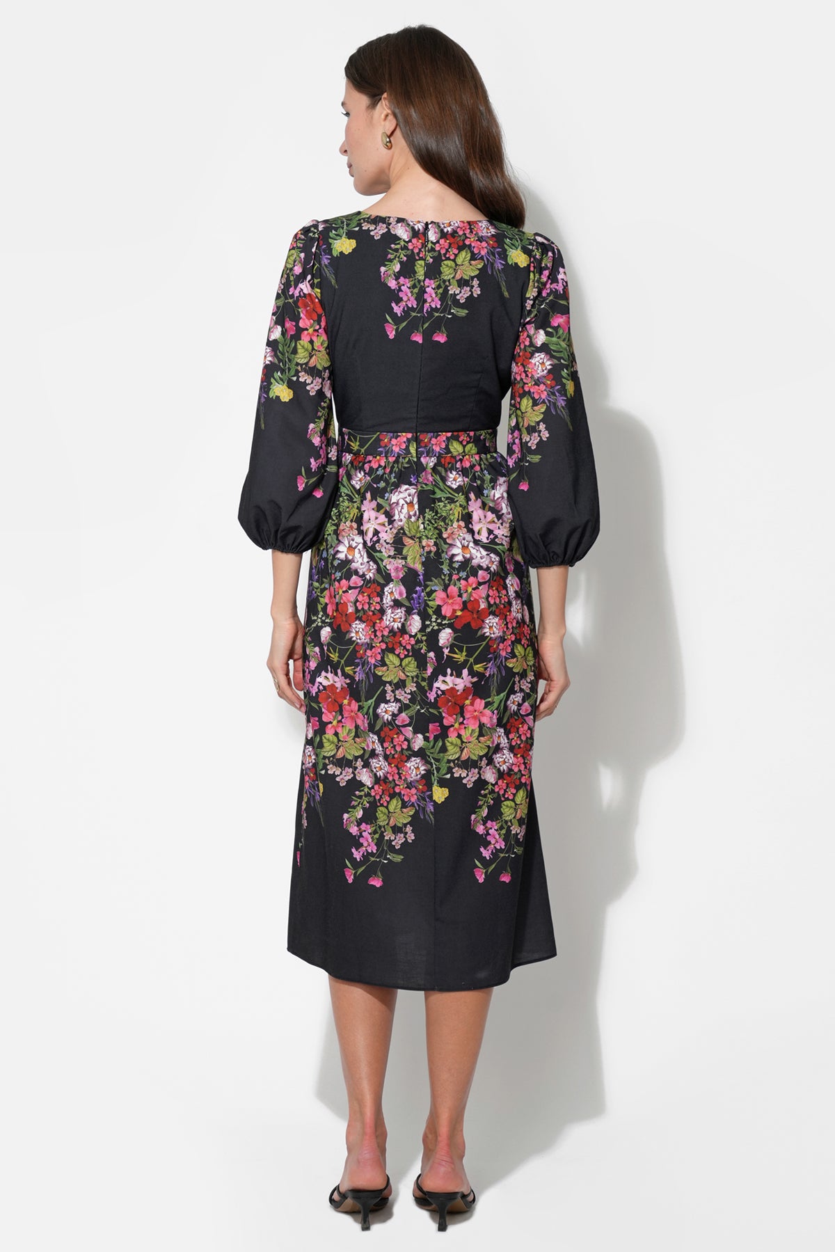 Tessa Bubble Sleeve V-Neck Floral Print Midi Dress