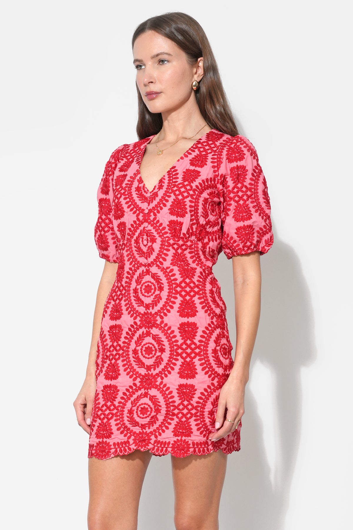 Rosemary Cotton Eyelet Embroidered Red Mini Dress