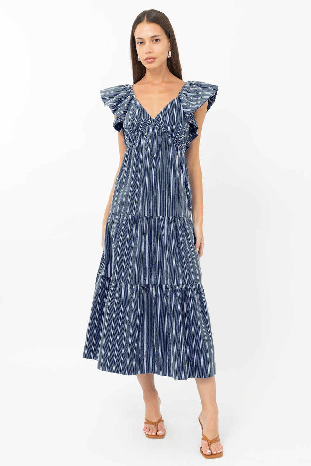 Shannon Striped Flutter Sleeve Tie Back Midi Dress