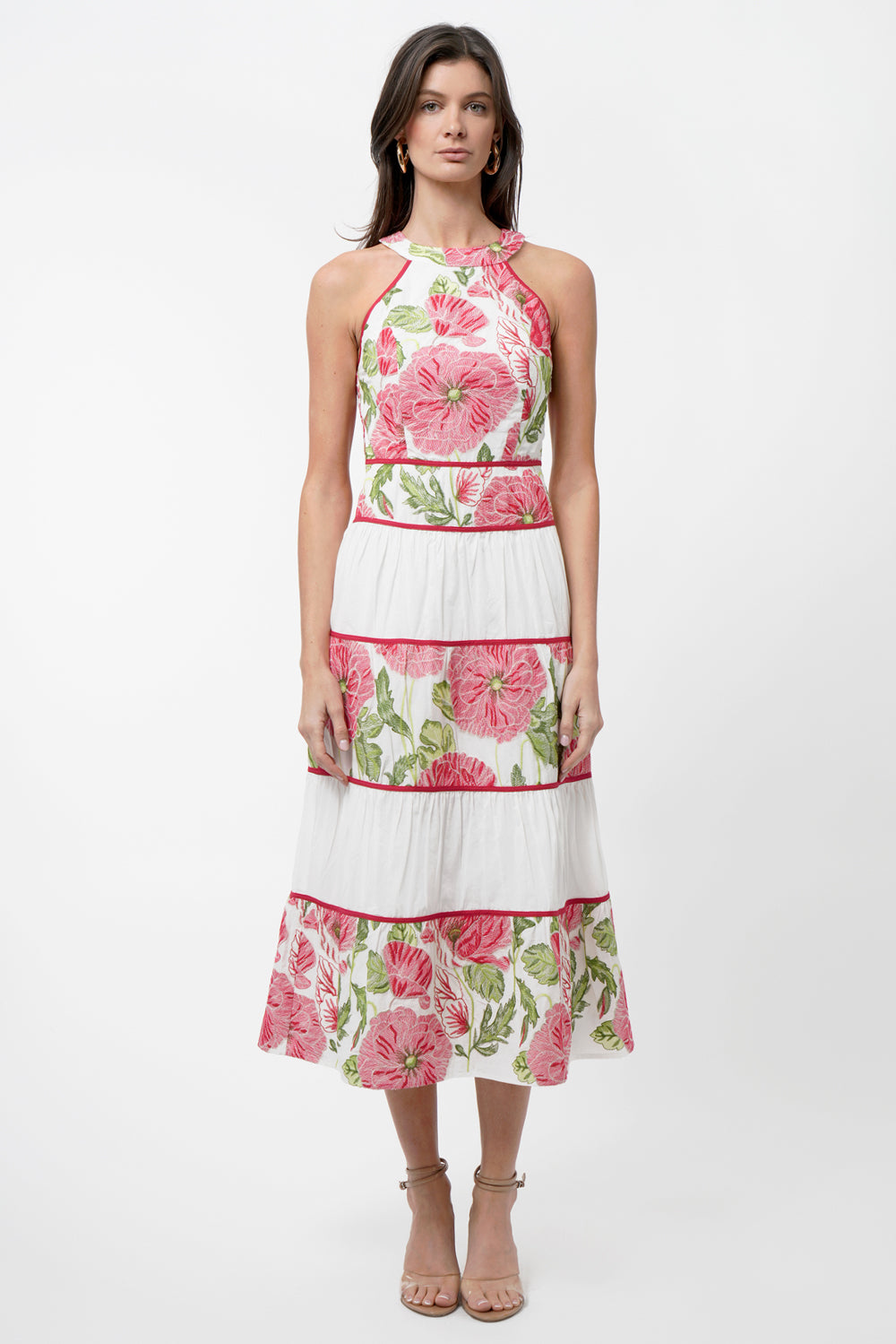 Haven Contrast Scalloped Textured Jacquard Halter Midi Dress
