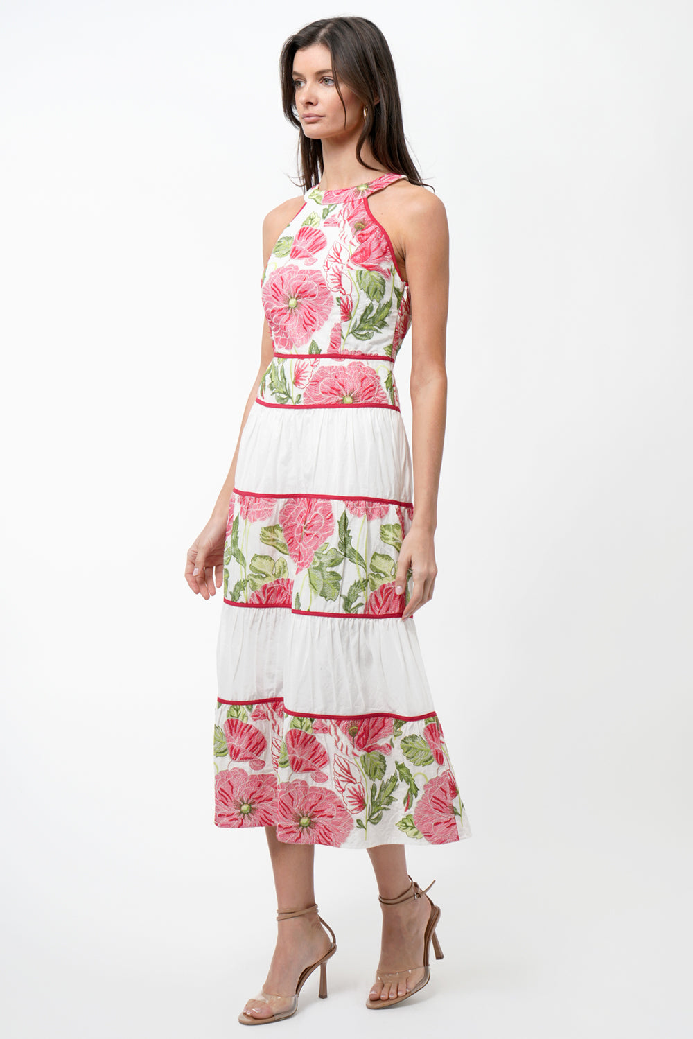 Haven Contrast Scalloped Textured Jacquard Halter Midi Dress