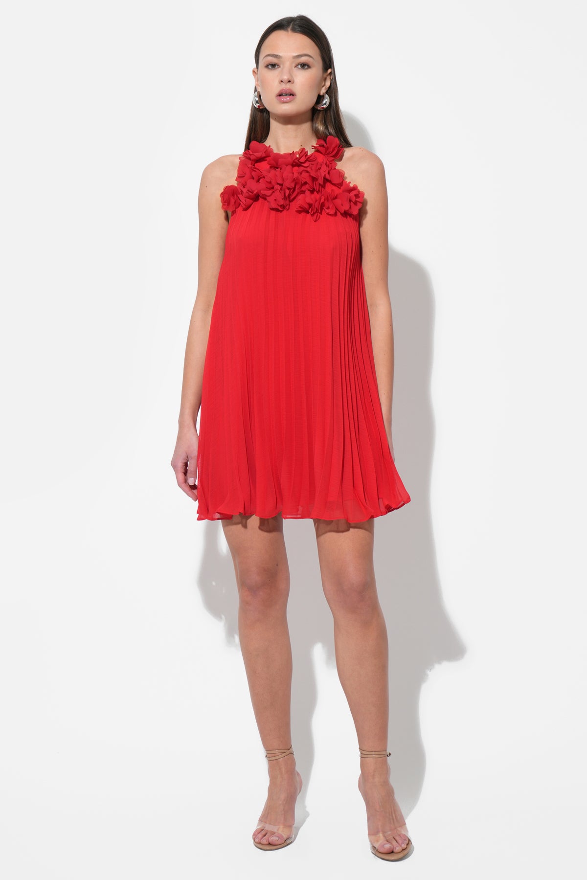 Corey Halter Pleated Dress with 3D Floral Applique