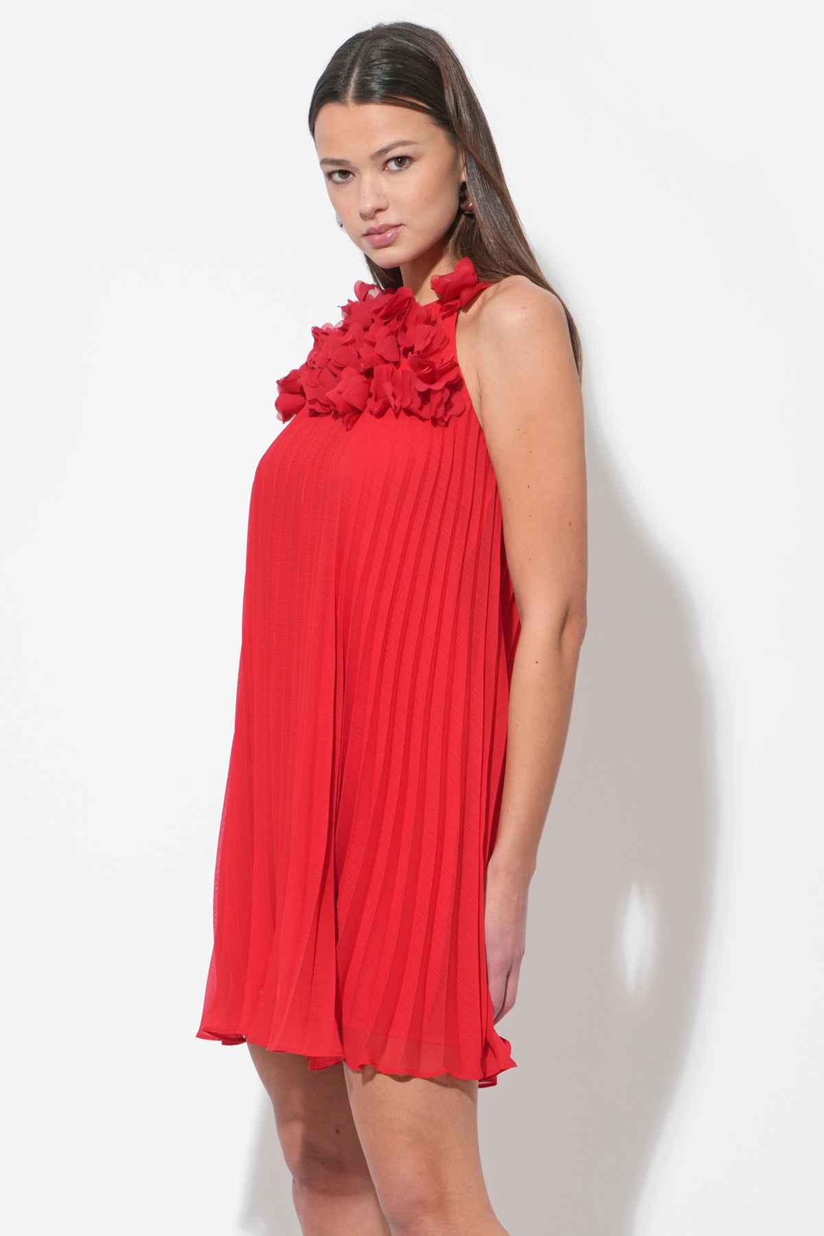 Corey Halter Pleated Dress with 3D Floral Applique