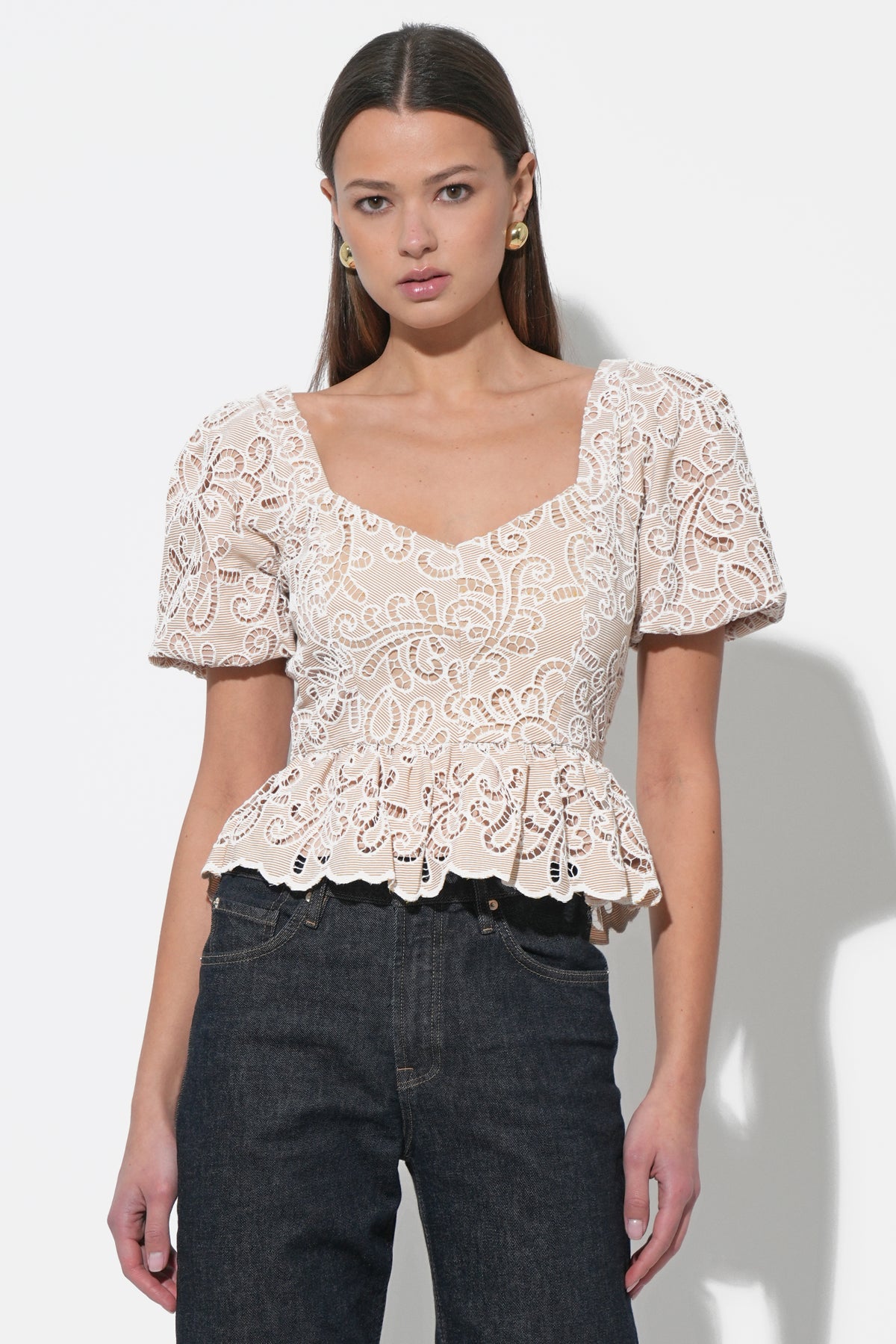 Alan Puff Sleeve Embroidered Eyelet Top