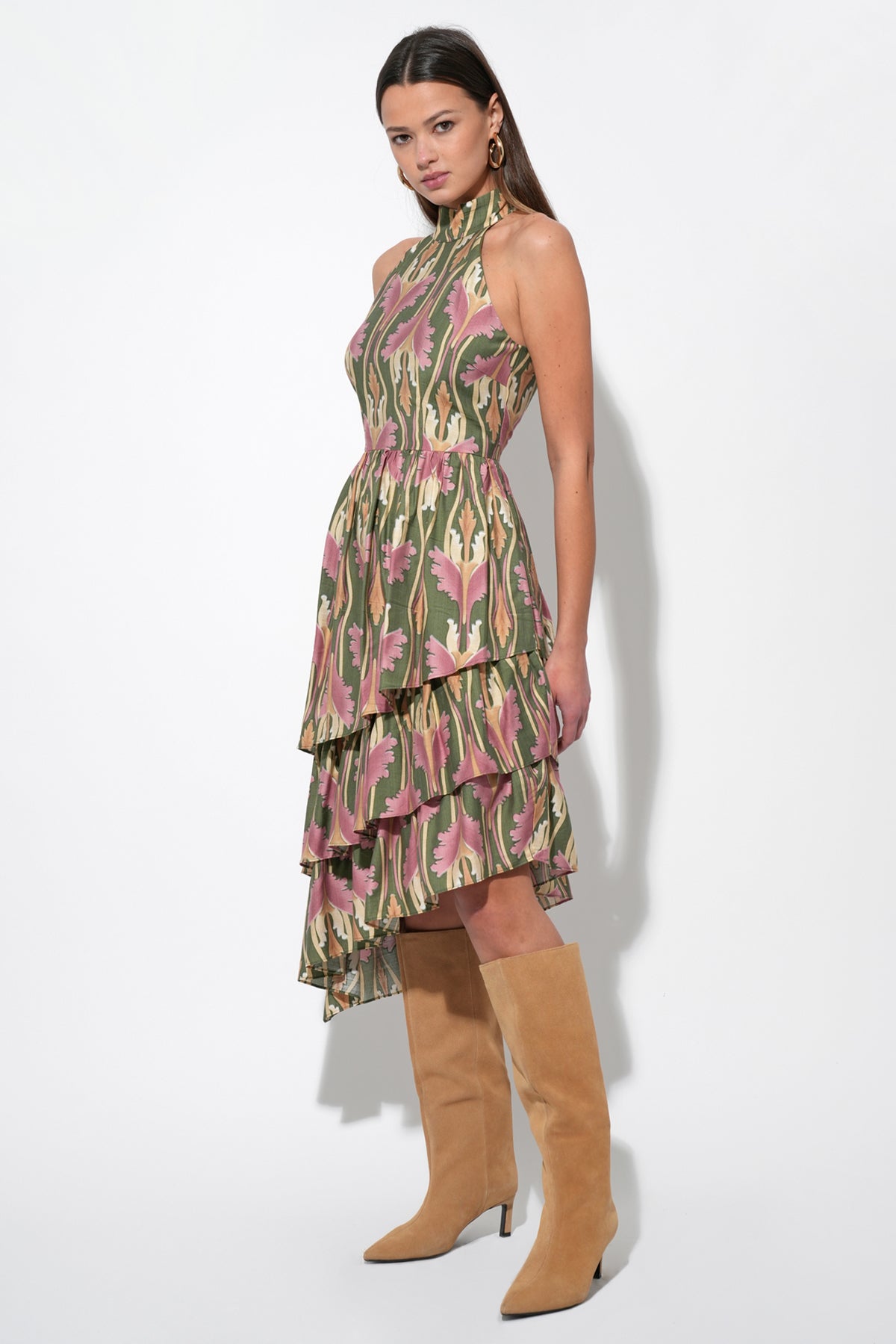 Chriselle High Neck Tiered Floral Midi Dress