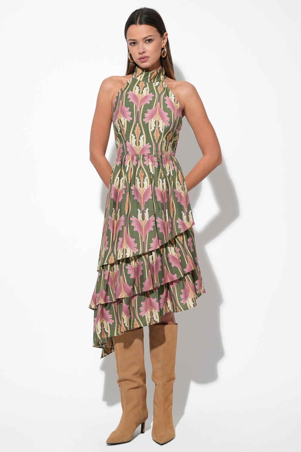 Chriselle High Neck Tiered Floral Midi Dress