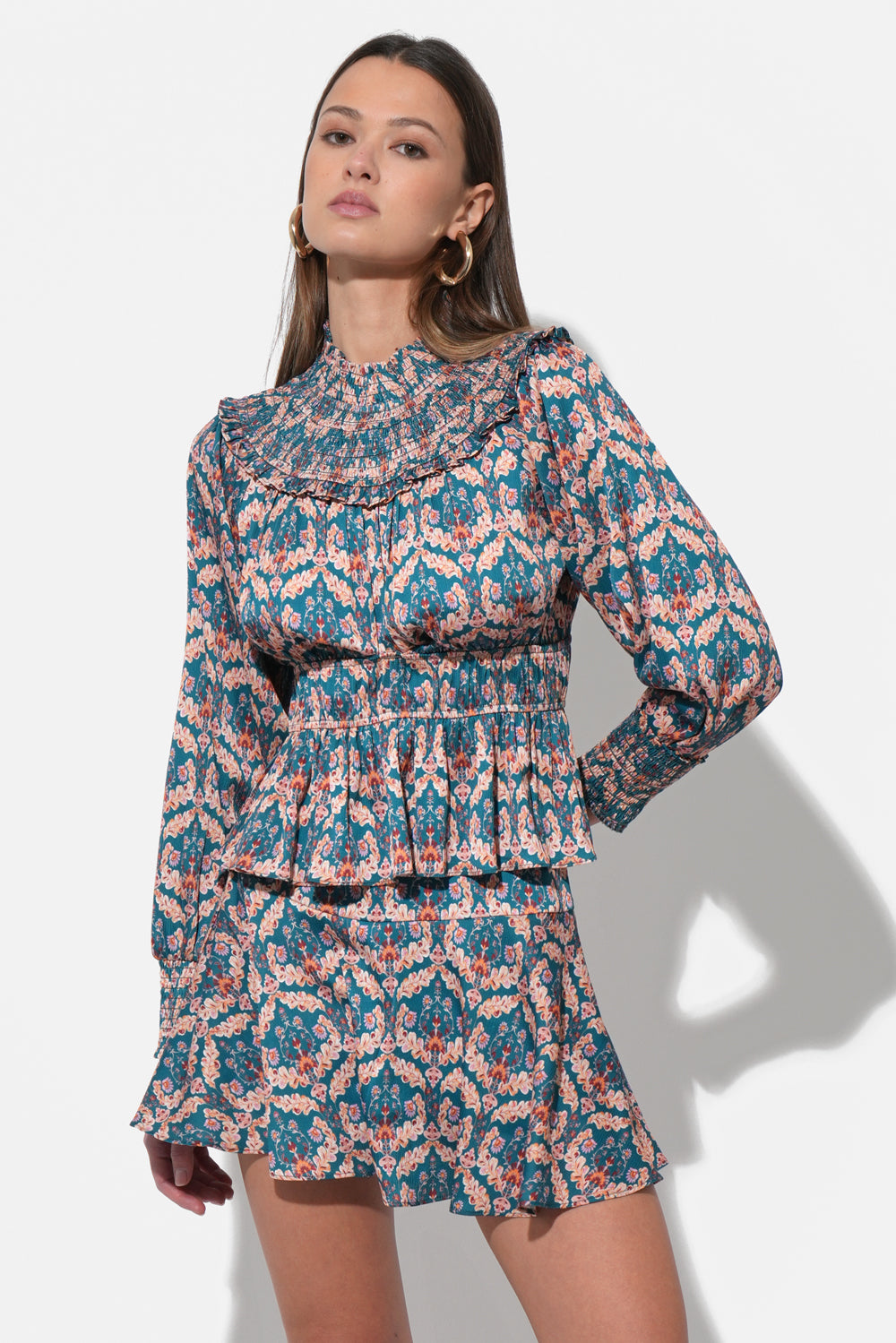 Melodie Smocked Waist Mock Neck Blouse