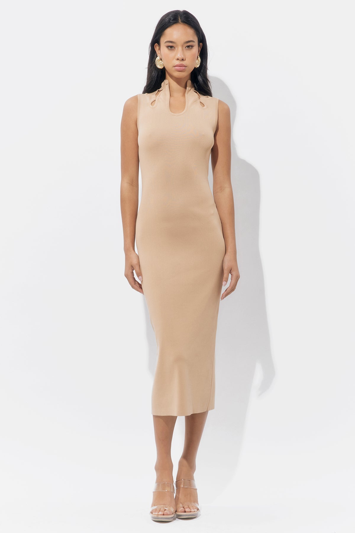 Trish Sculpted Cut Out Knit Nude Midi Dress