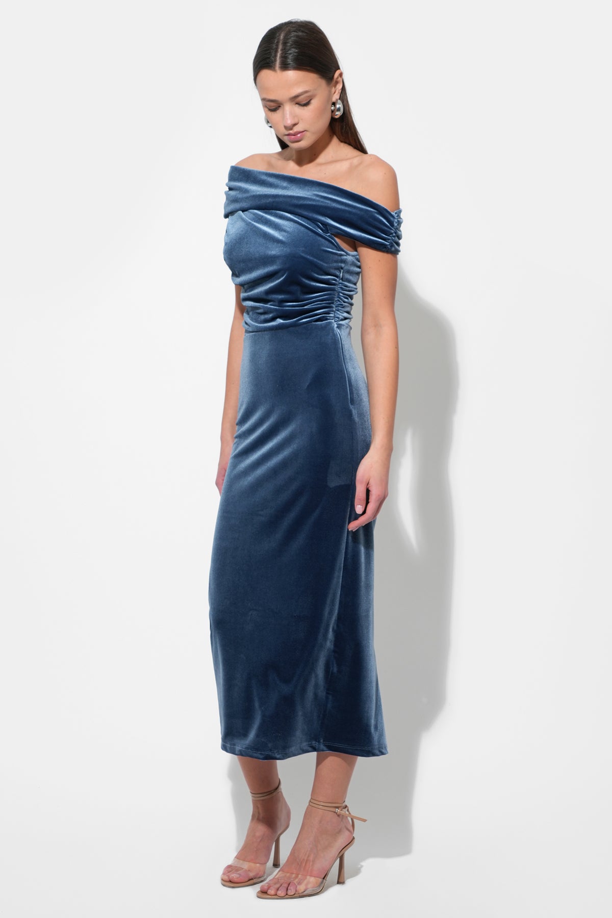 Casette Off Shoulder Velvet Midi Dress