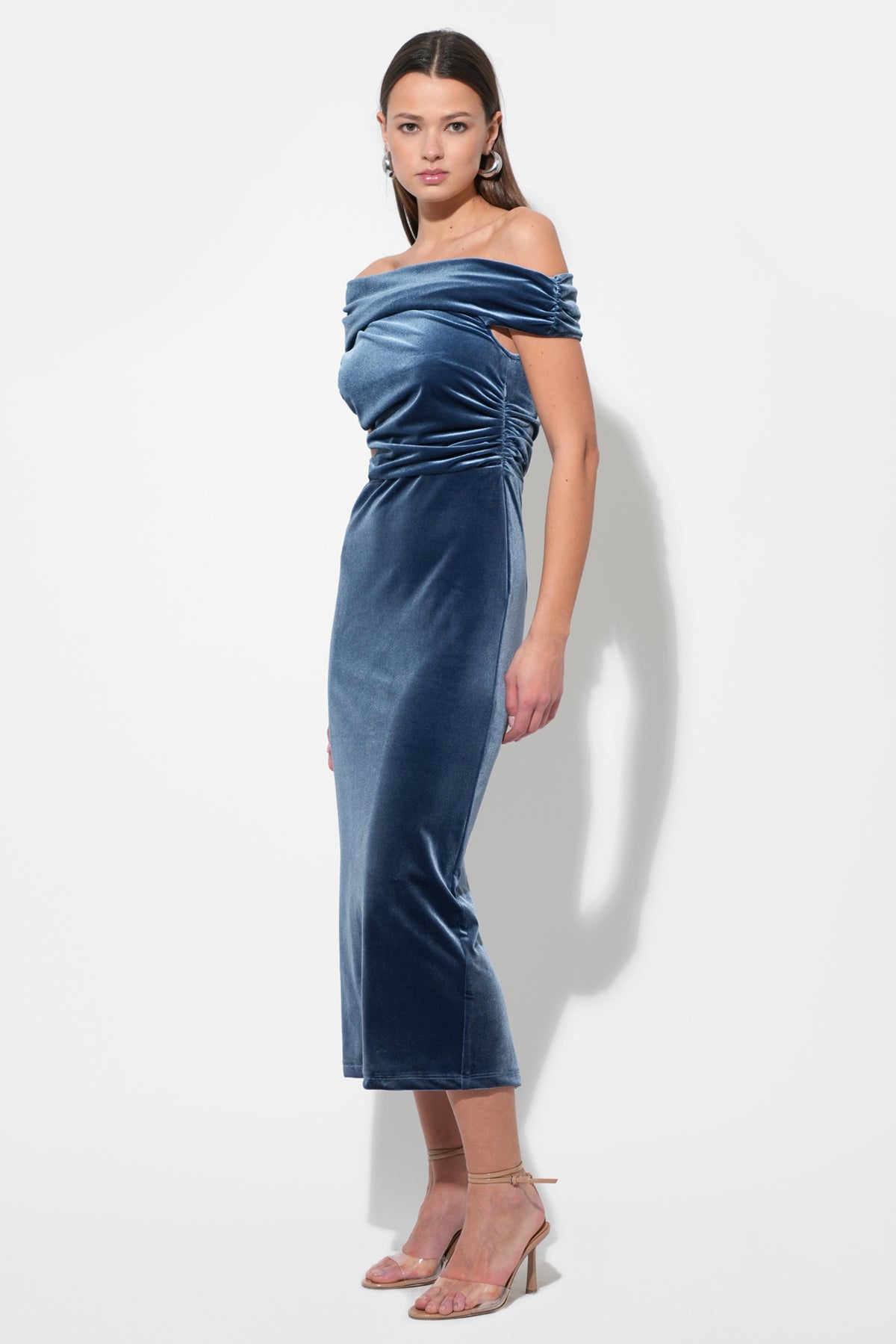 Casette Off Shoulder Velvet Midi Dress