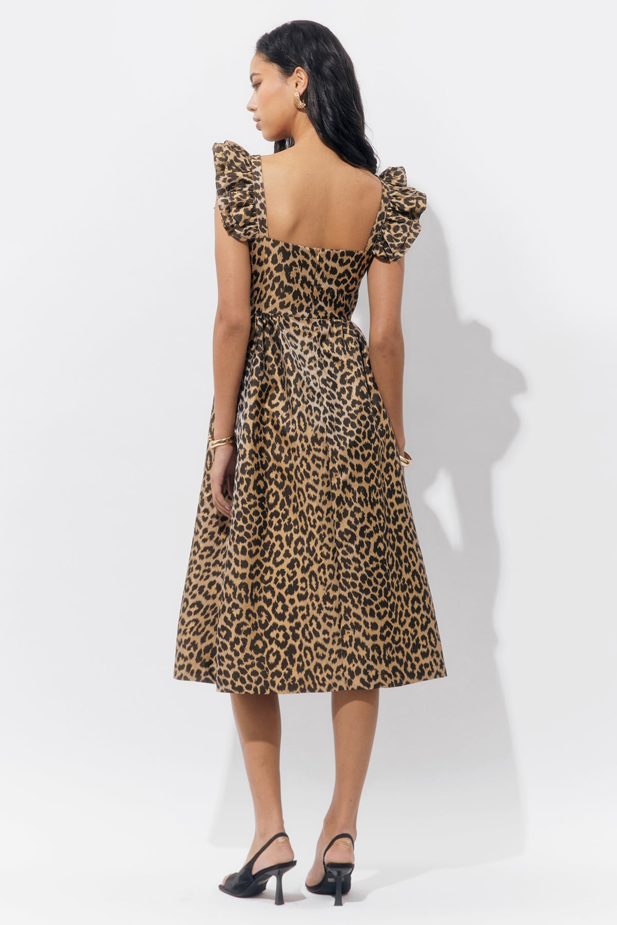 Solene Leopard Gathered Sleeve Midi Dress