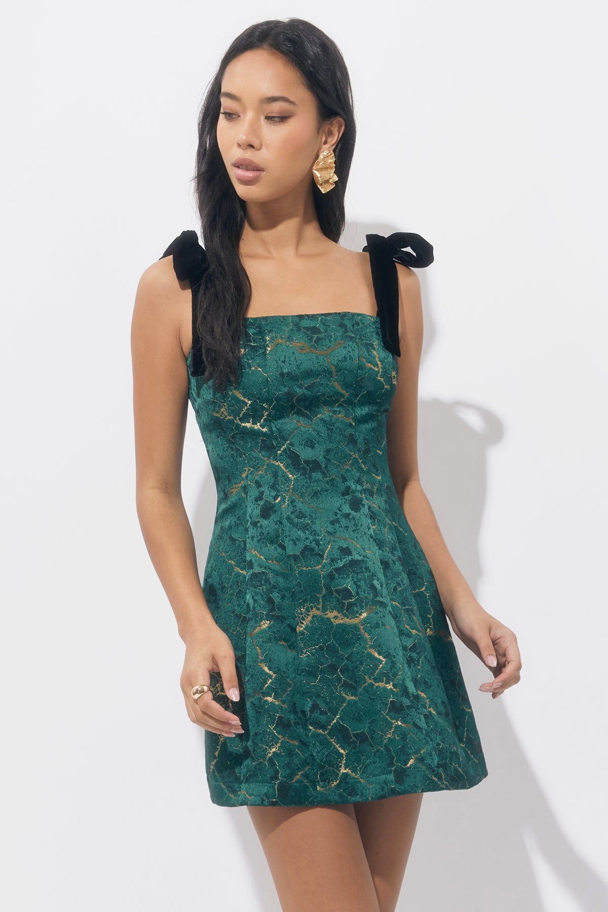 Hannah Burnout Shoulder Tie Flared Mini Dress