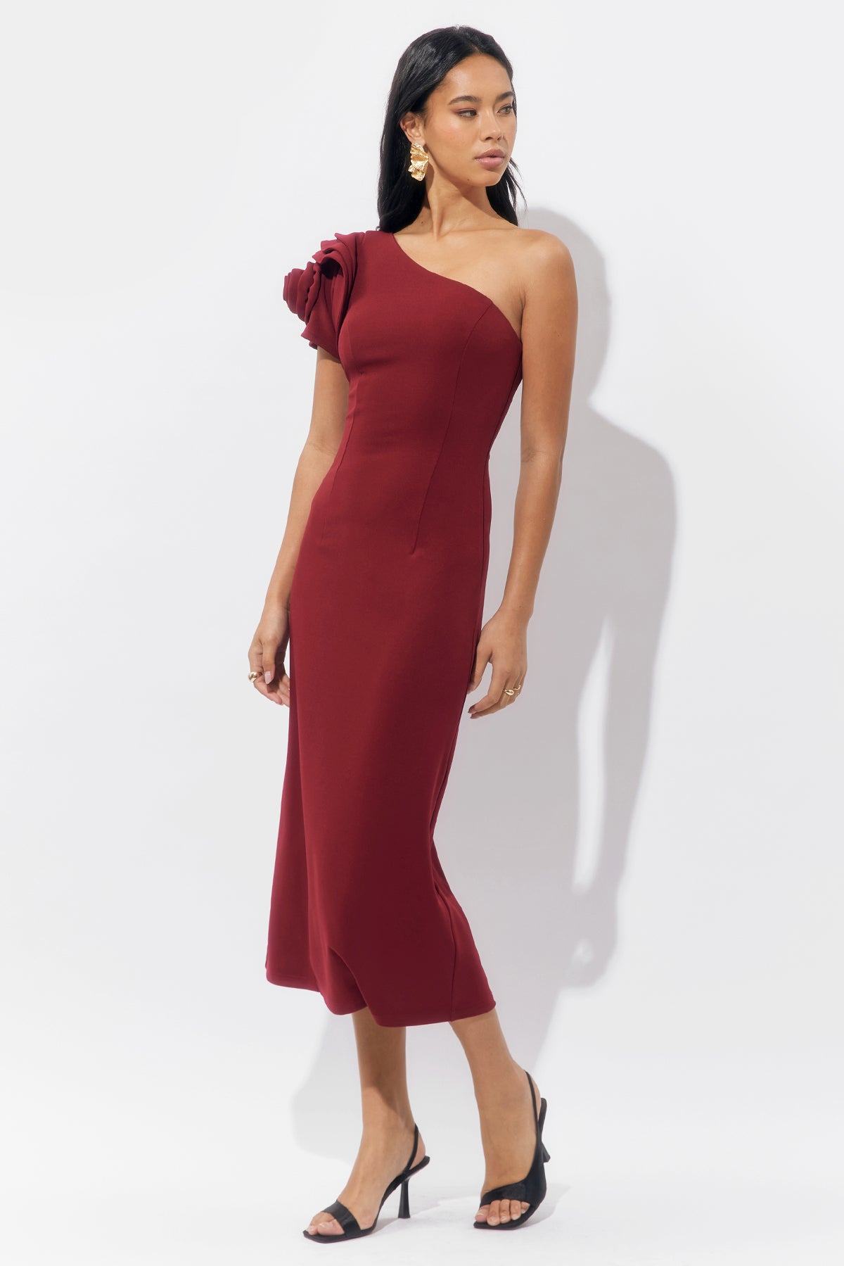 Dion One Shoulder Floral Applique Maxi Dress