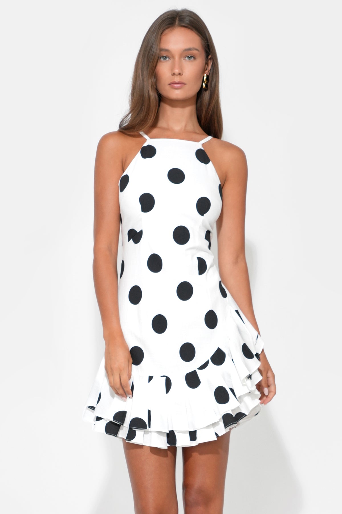 Brianna Halter Ruffle Linen Dot Mini Dress