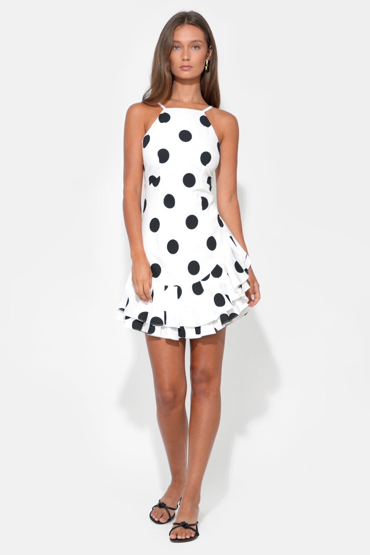 Brianna Halter Ruffle Linen Dot Mini Dress