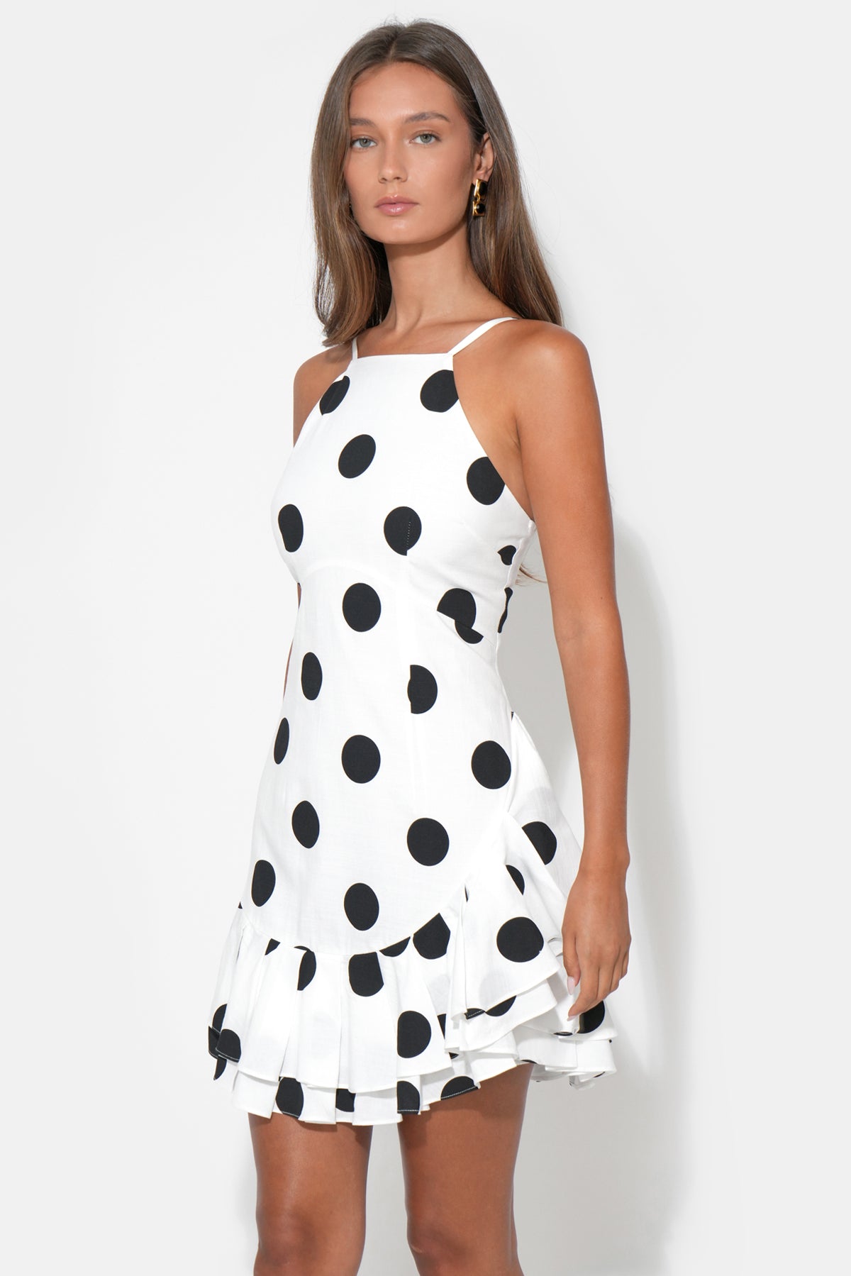 Brianna Halter Ruffle Linen Dot Mini Dress