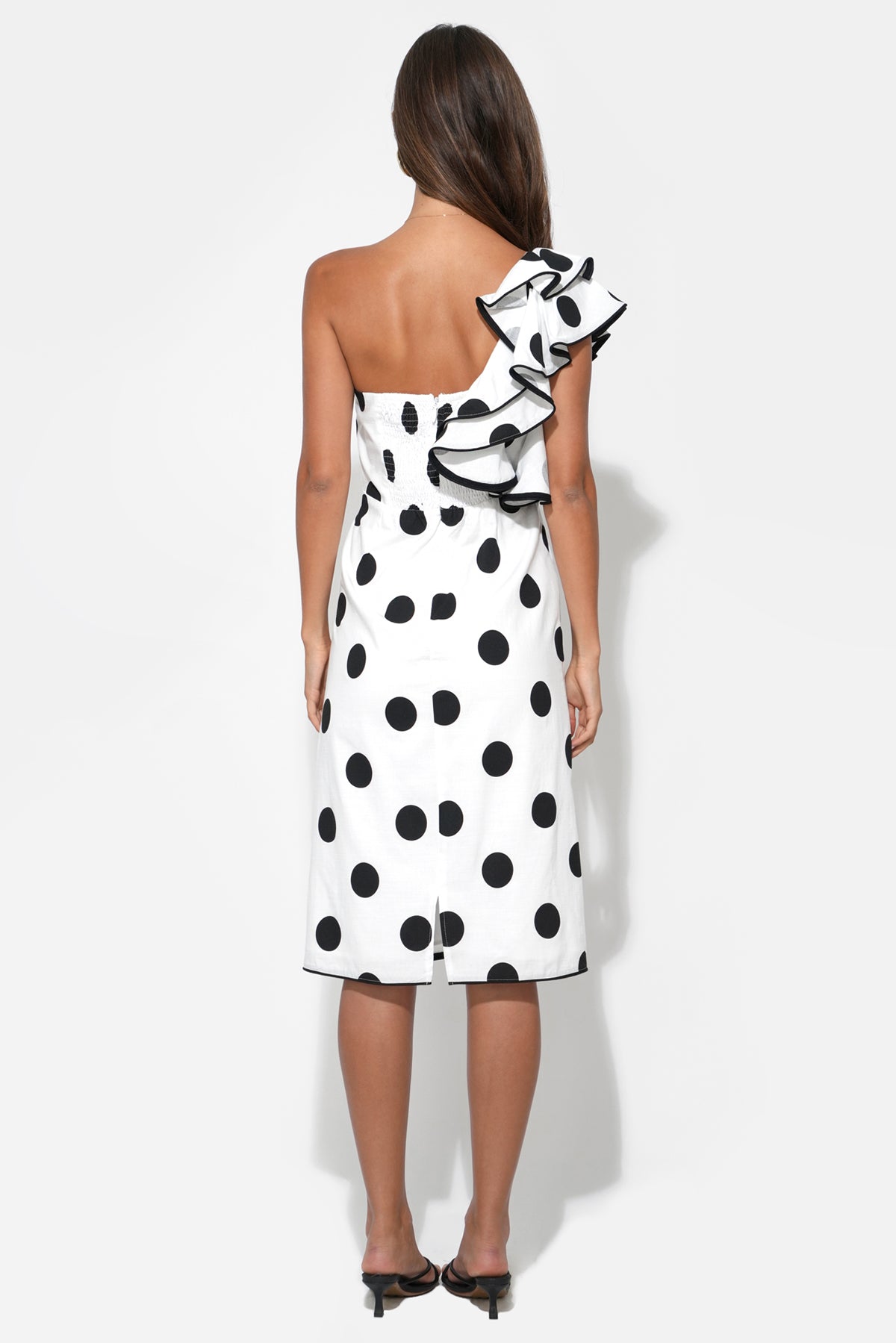 Cailyn One Shoulder Ruffle Linen Dot Midi Dress