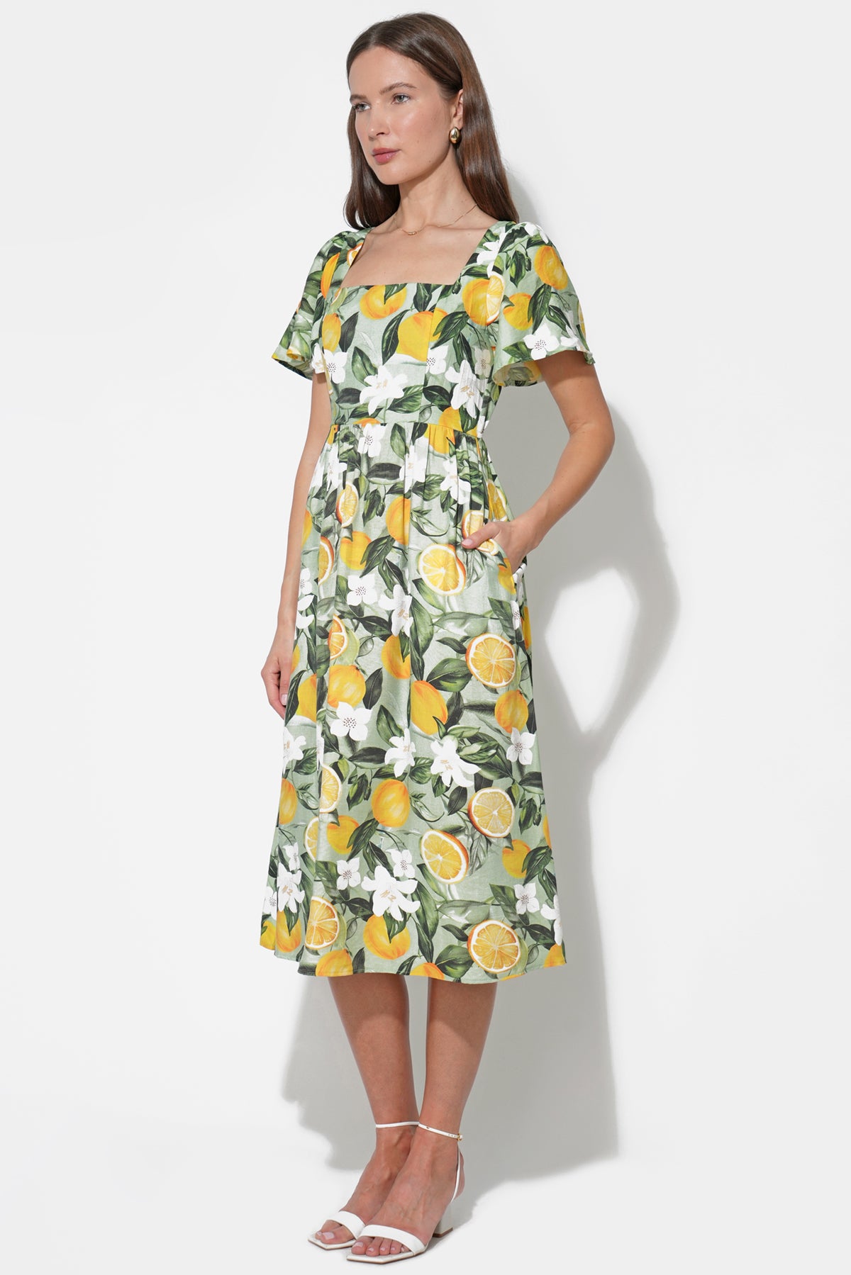 Kailany Bubble Sleeve Lemon Midi Dress