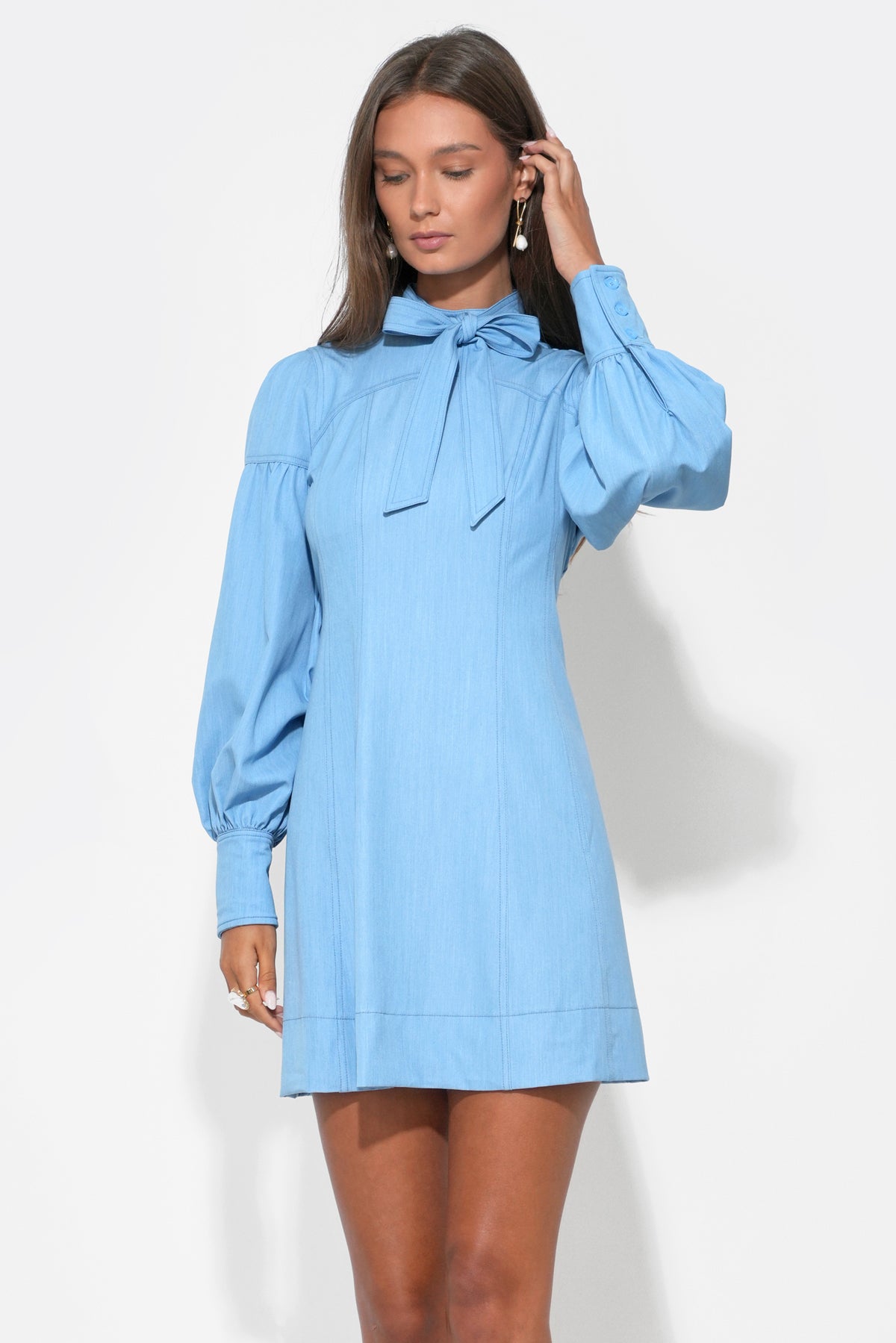 Maya Bow Neck Tie Denim Mini Dress