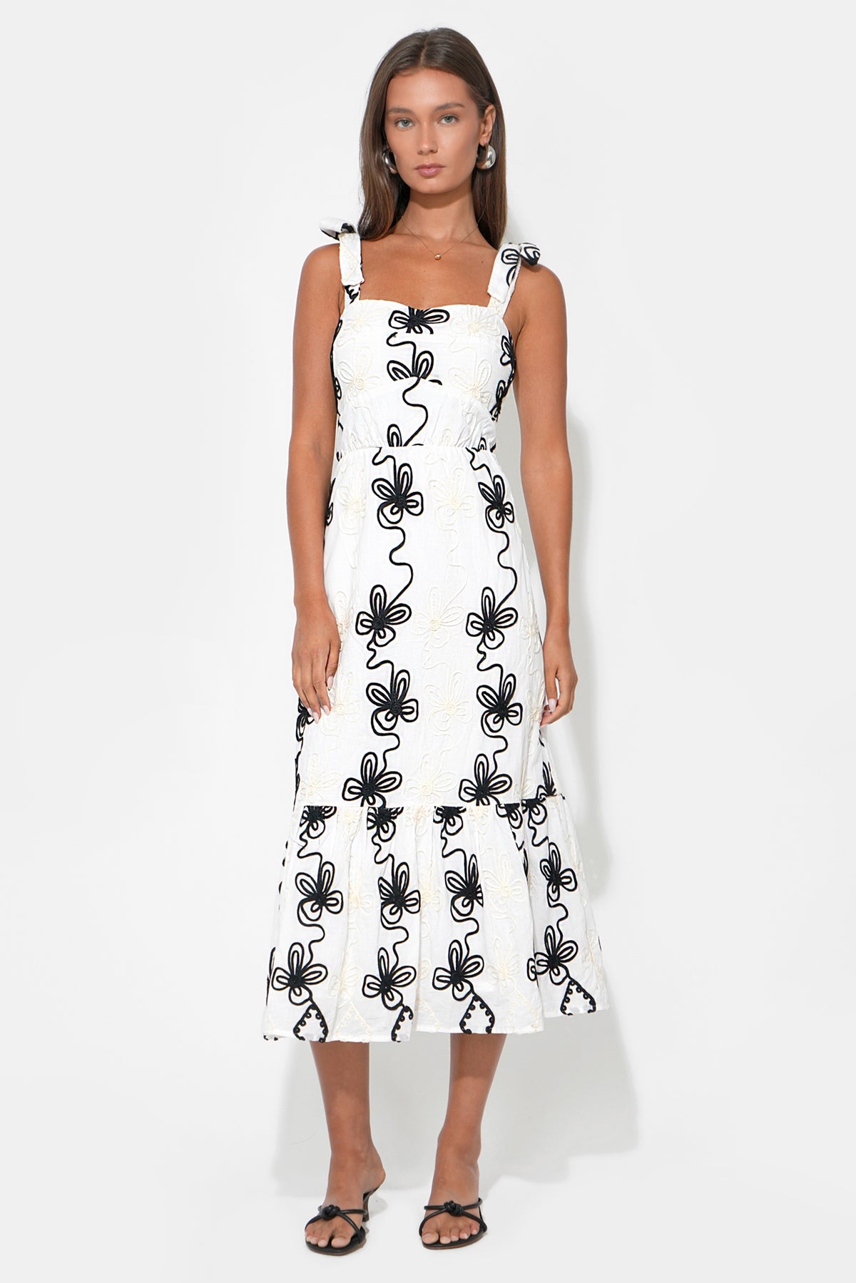 Seraphina Bow Straps Embroidery Midi Dress