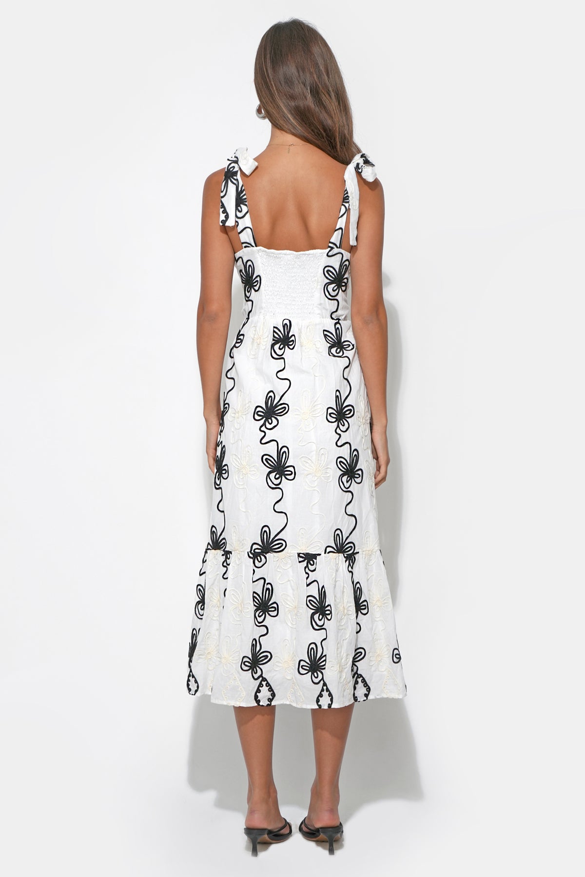 Seraphina Bow Straps Embroidery Midi Dress