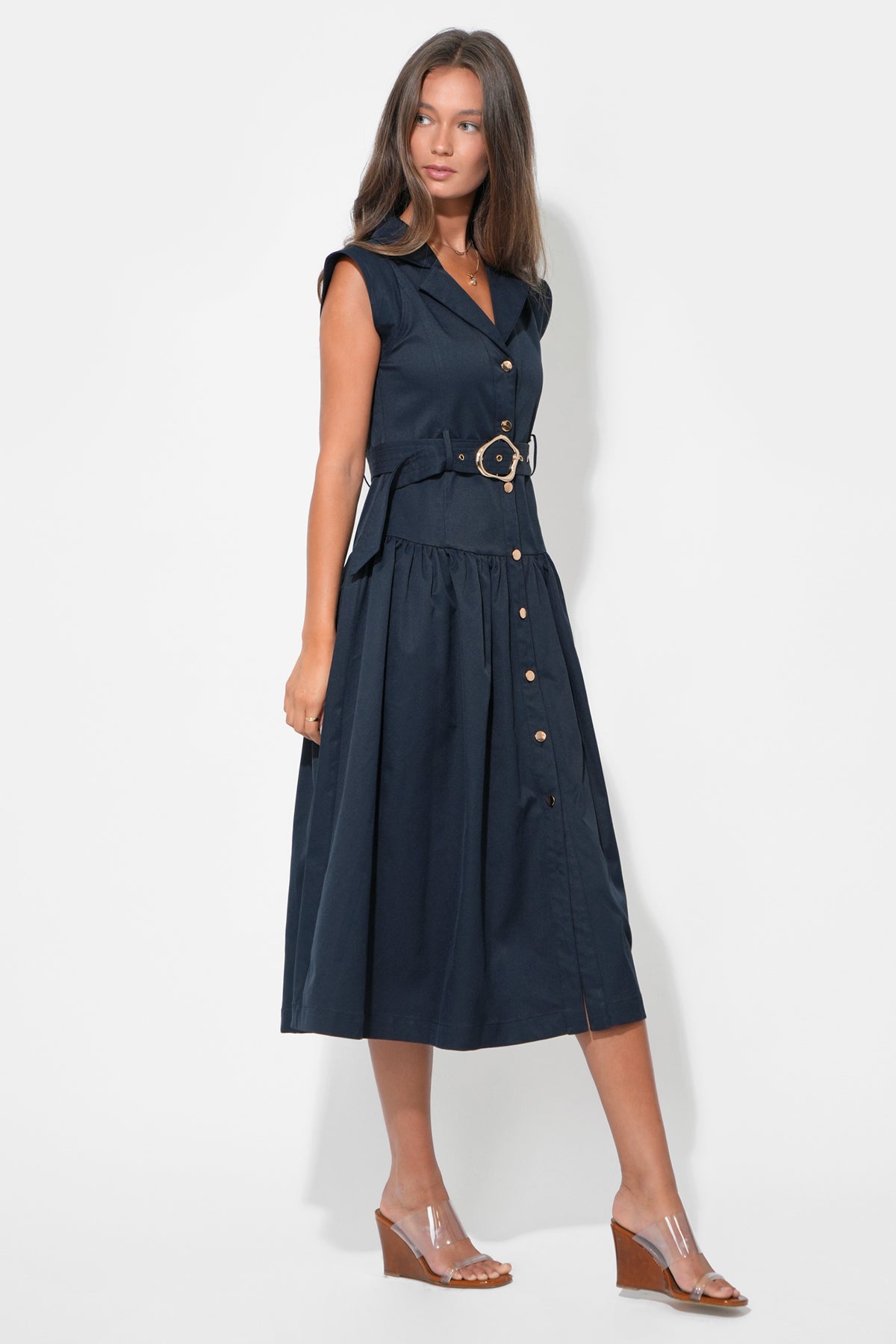 Olivia Button Up Belted Shirt Midi Dress