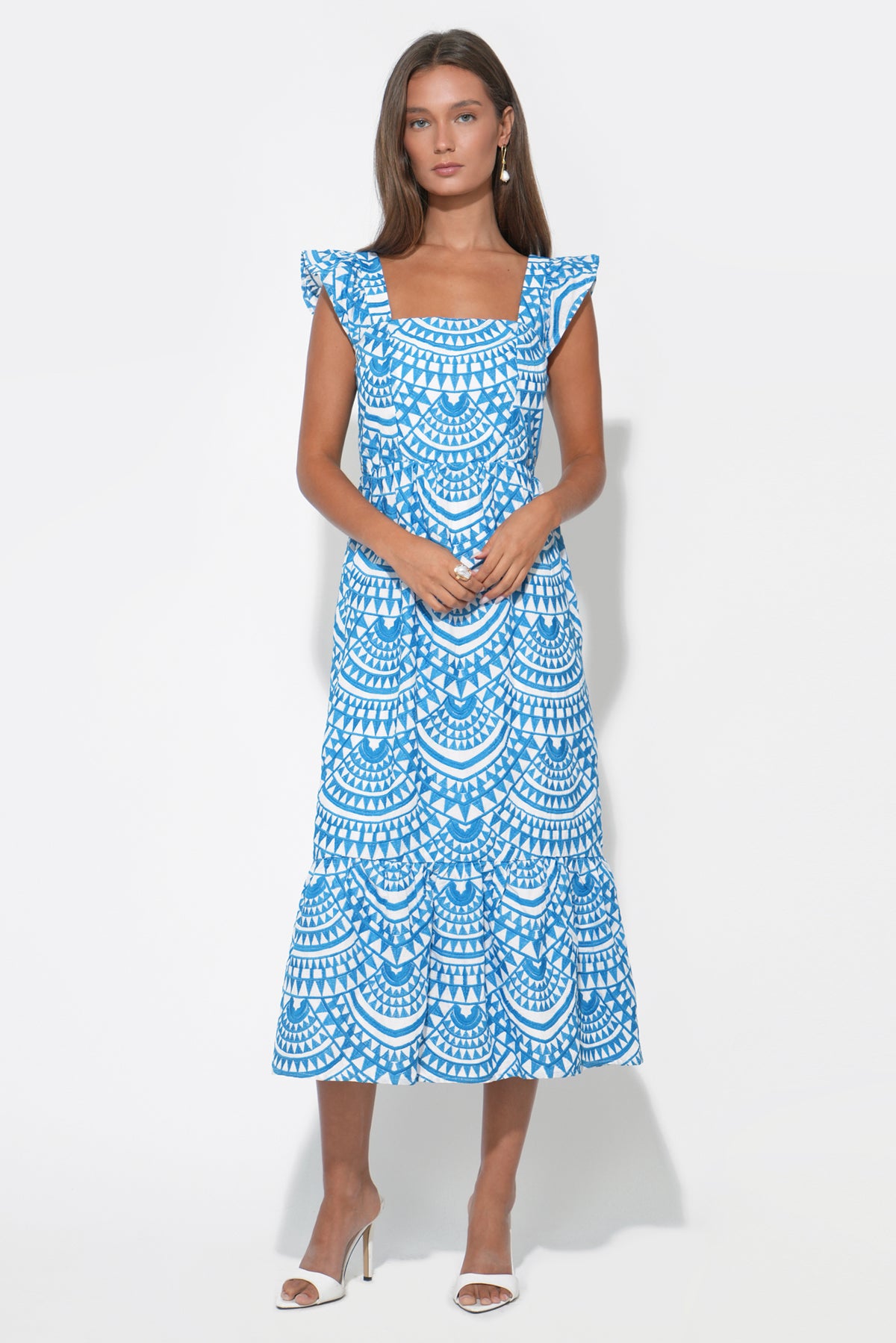 Sadie Flutter Sleeve Embroidery Midi Dress