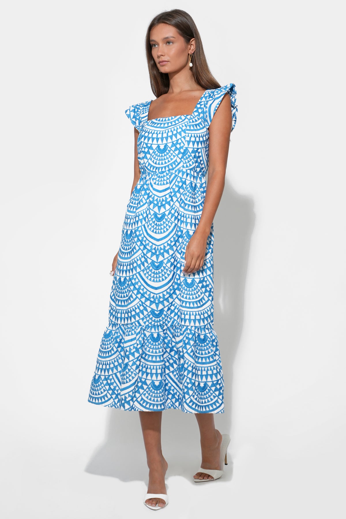 Sadie Flutter Sleeve Embroidery Midi Dress
