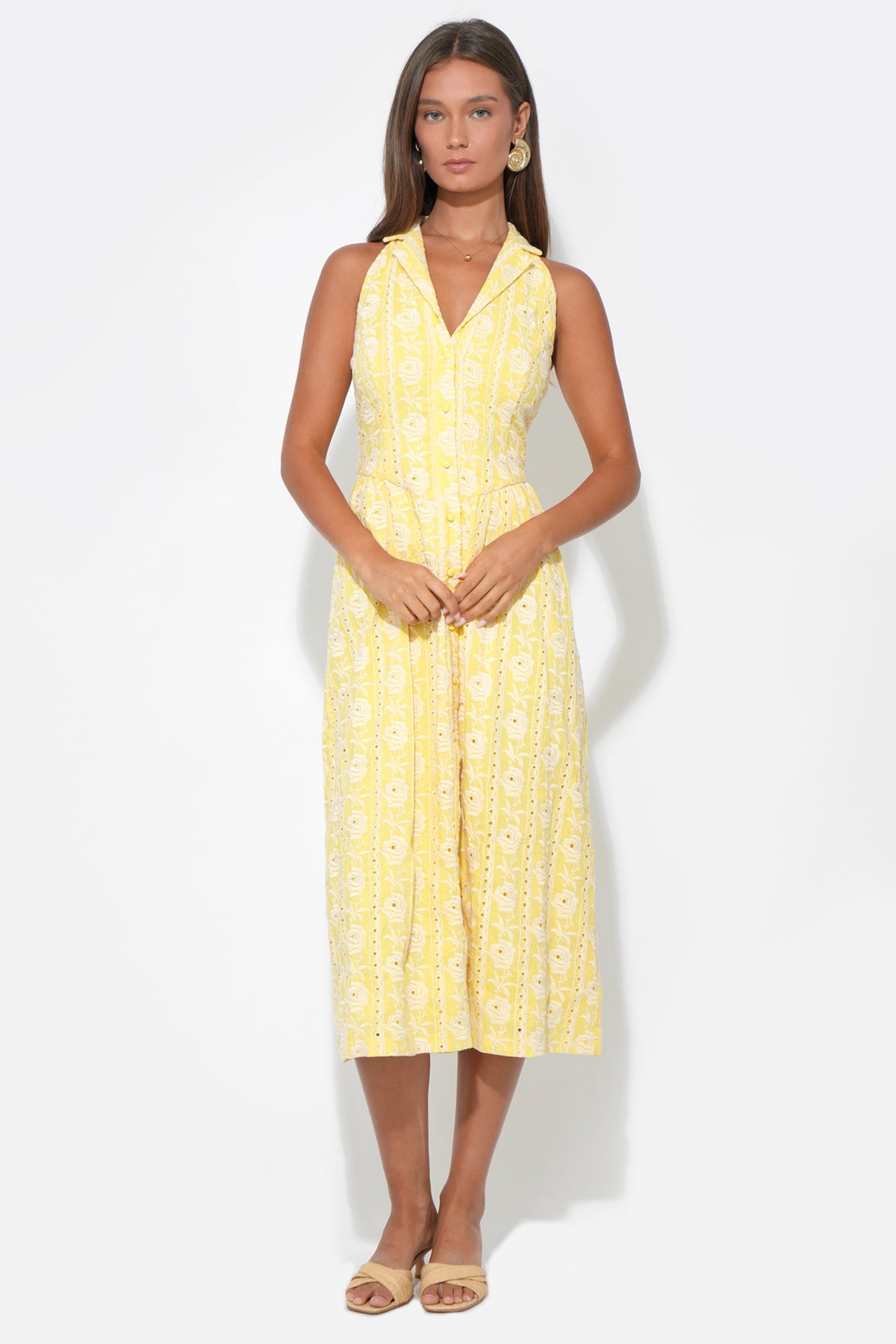 Hazel Halter Floral Embroidery Midi Dress