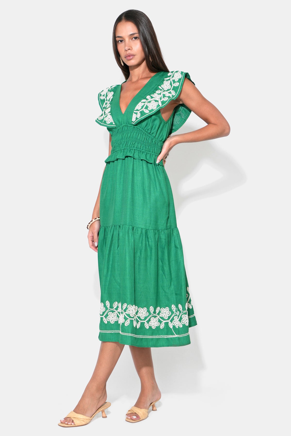 Amaya Ruffle Embroidery Midi Dress