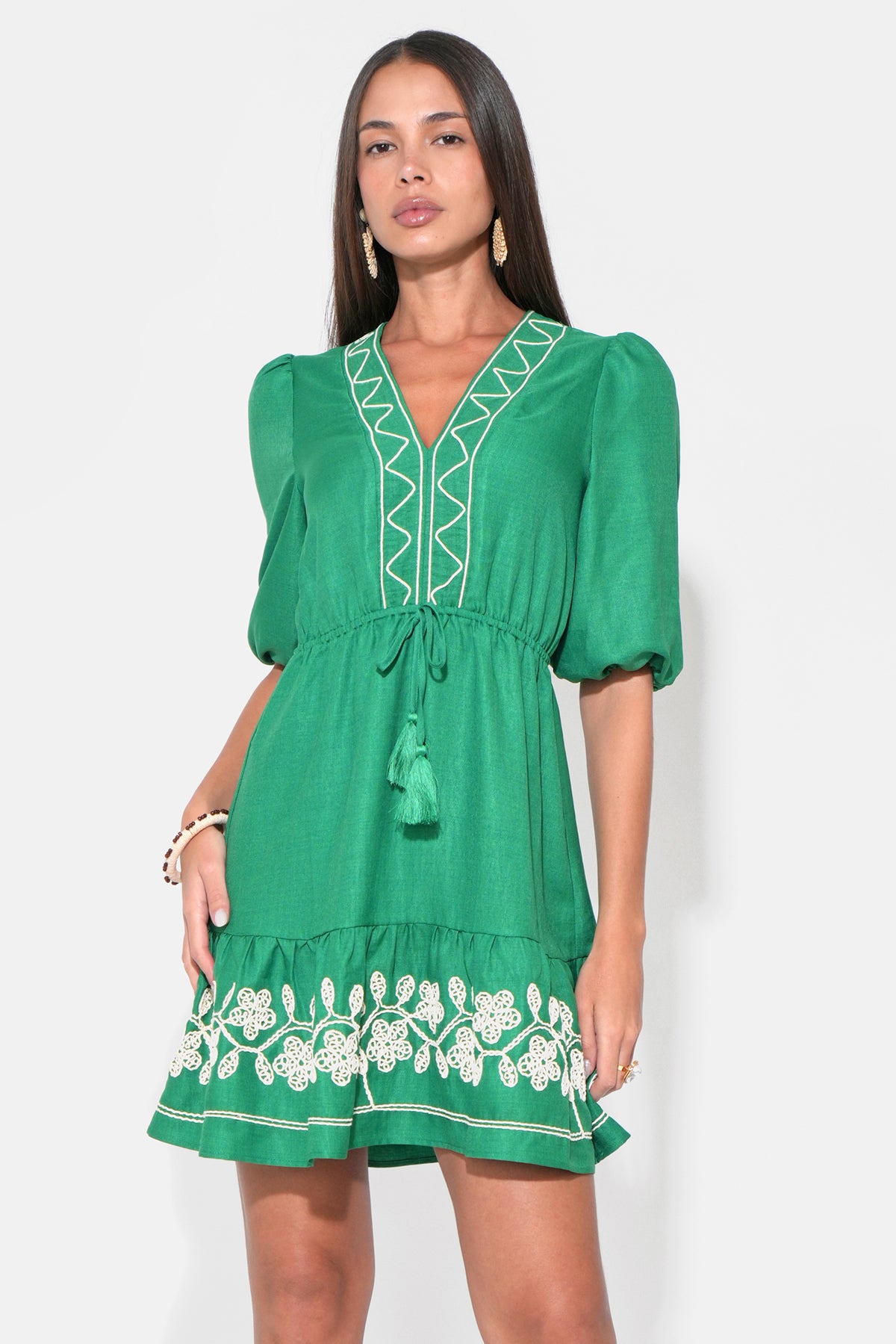 Taylor Embroidery Ruffle Hem Mini Dress