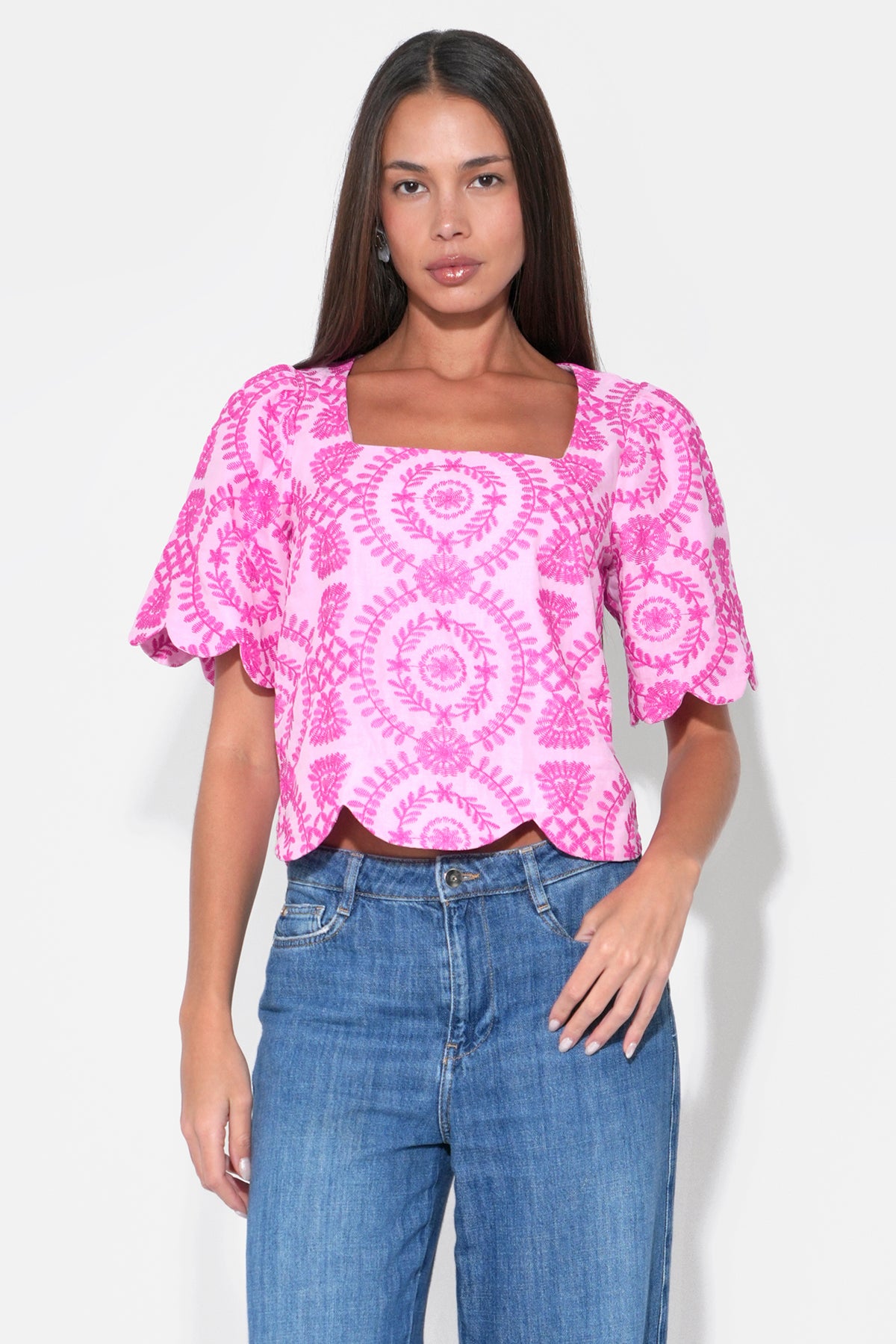 Hadley Square Neck Embroidery Scallop Top