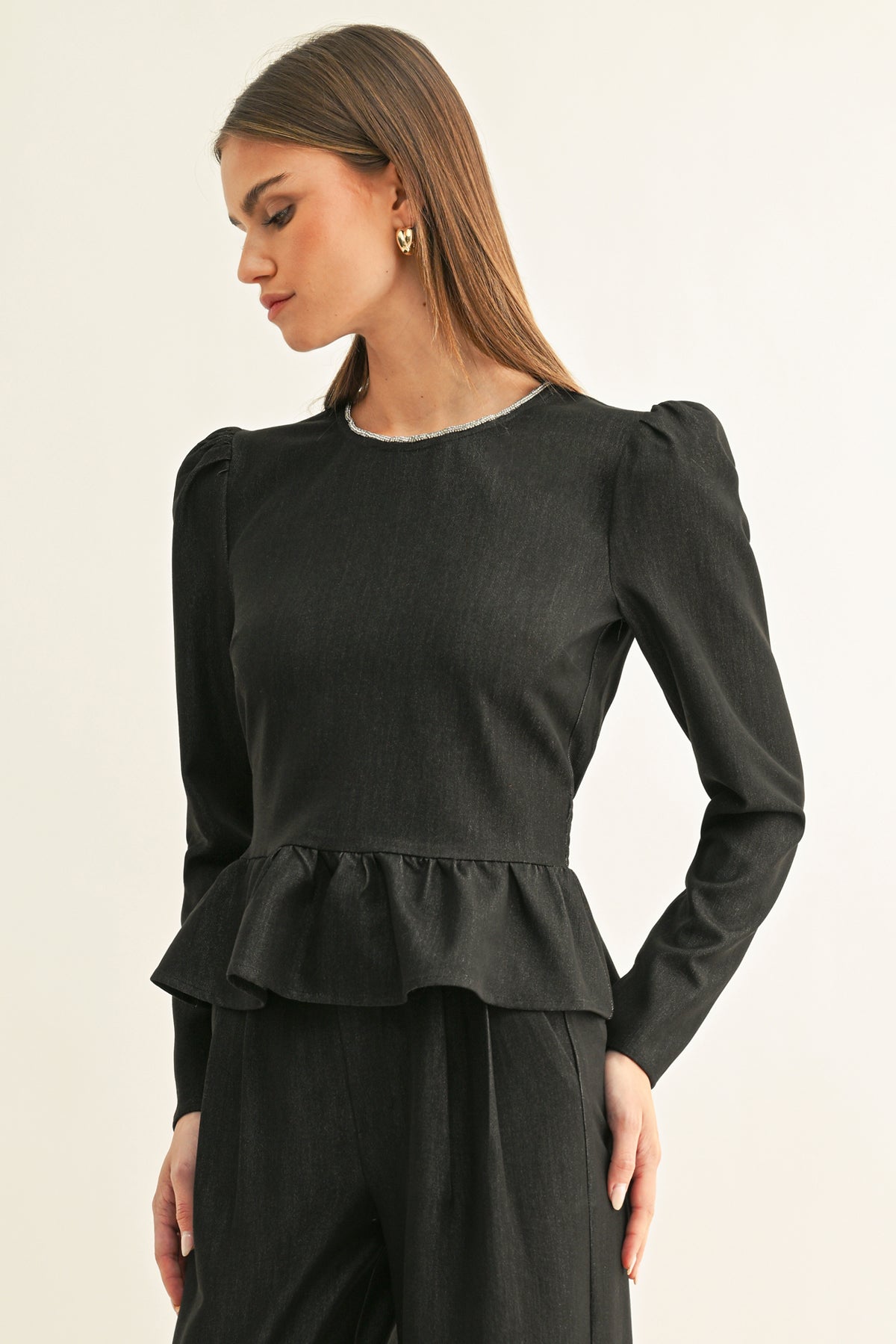Samantha Embellished Neck Chambray Peplum Top