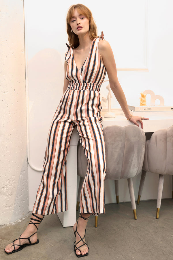 Denise Shoulder Tie Stripe Jumpsuit