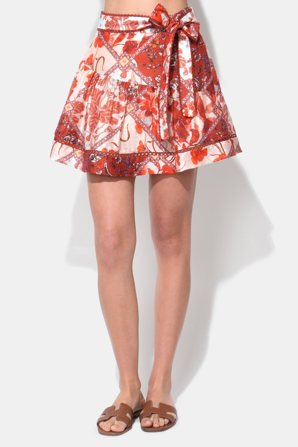Gia Lace Inserted Mini Skirt with Tie F266S9470_RUST MULTI