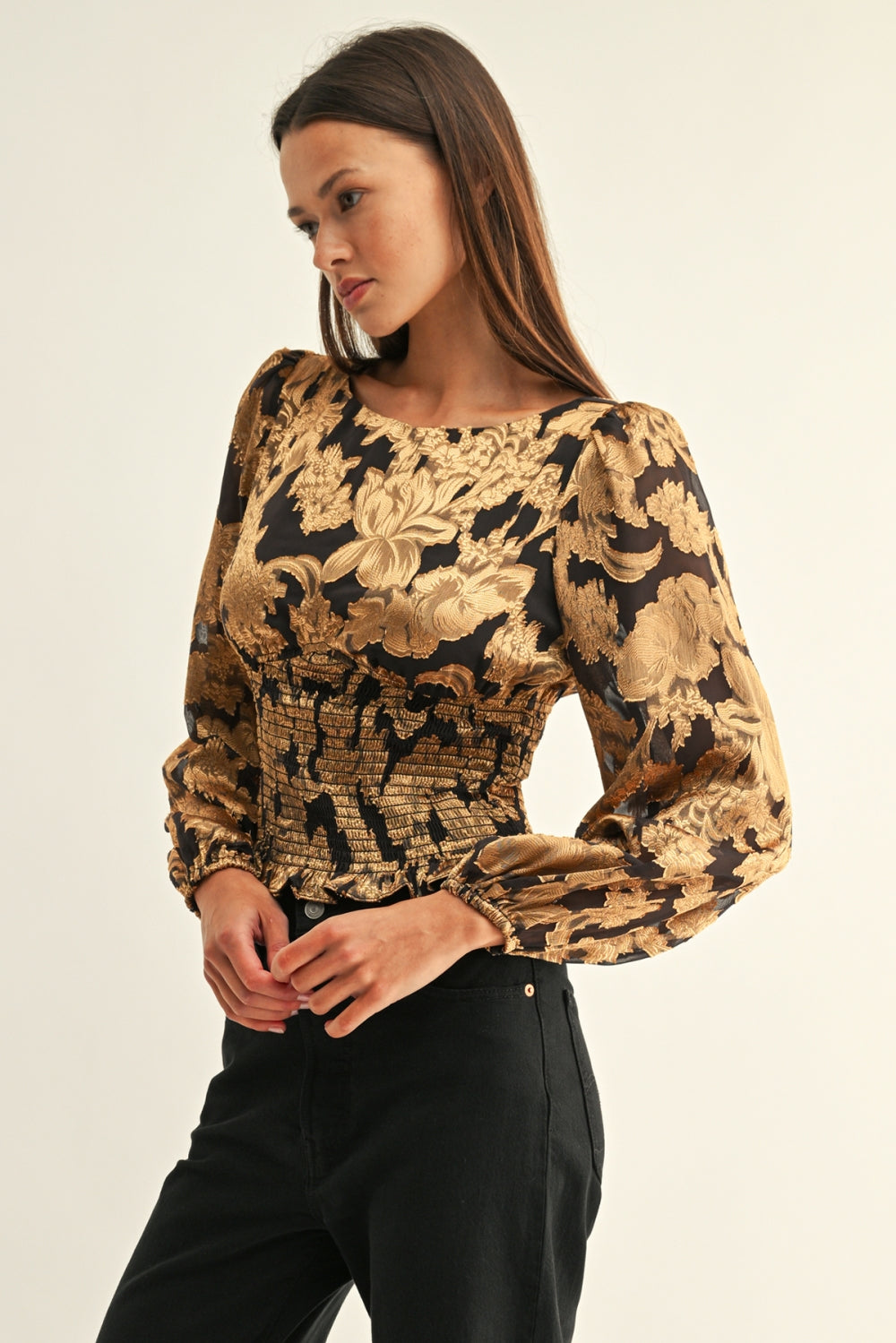 Gianna Long Sleeves Smocked Top F2610T7652_BLACK/GOLD