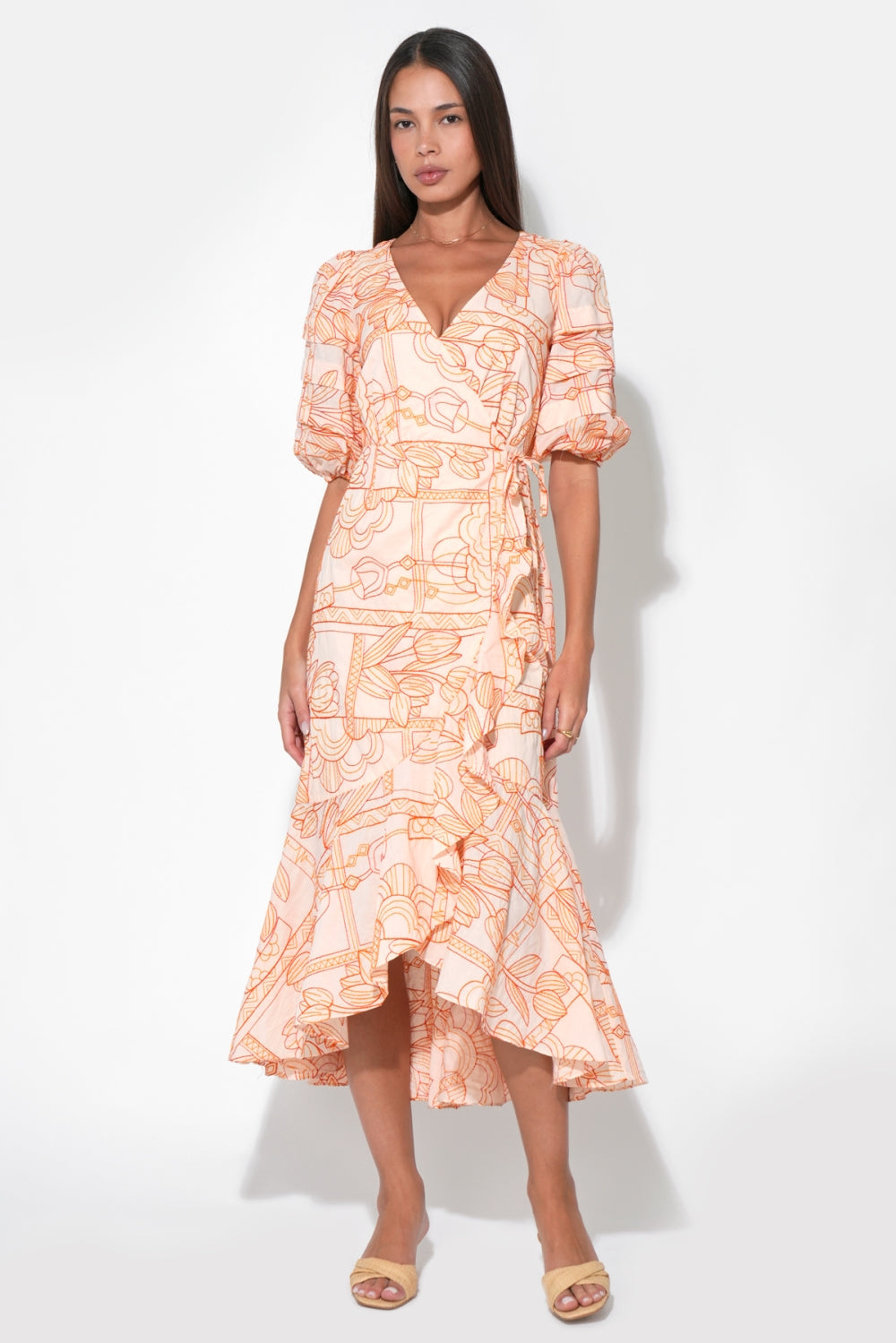 Haven Ruffle Embroidery Wrap Midi Dress F263D6901