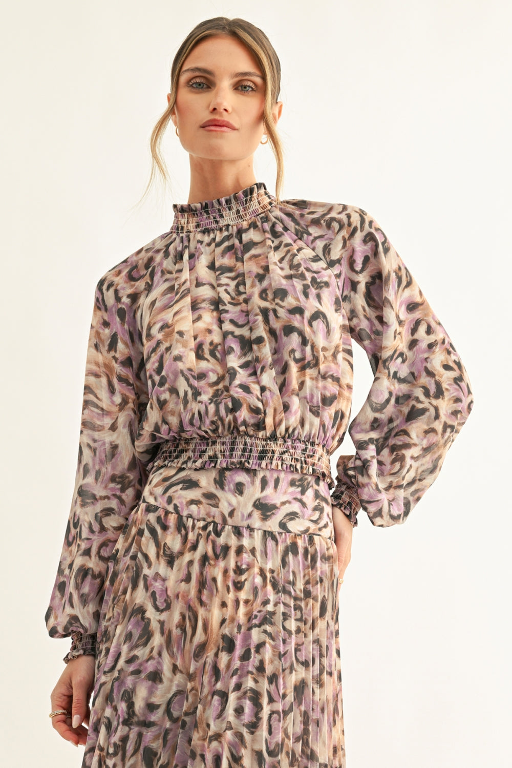 Helina Smocked Long Sleeves Top F267T7603_LAVENDER/BLACK