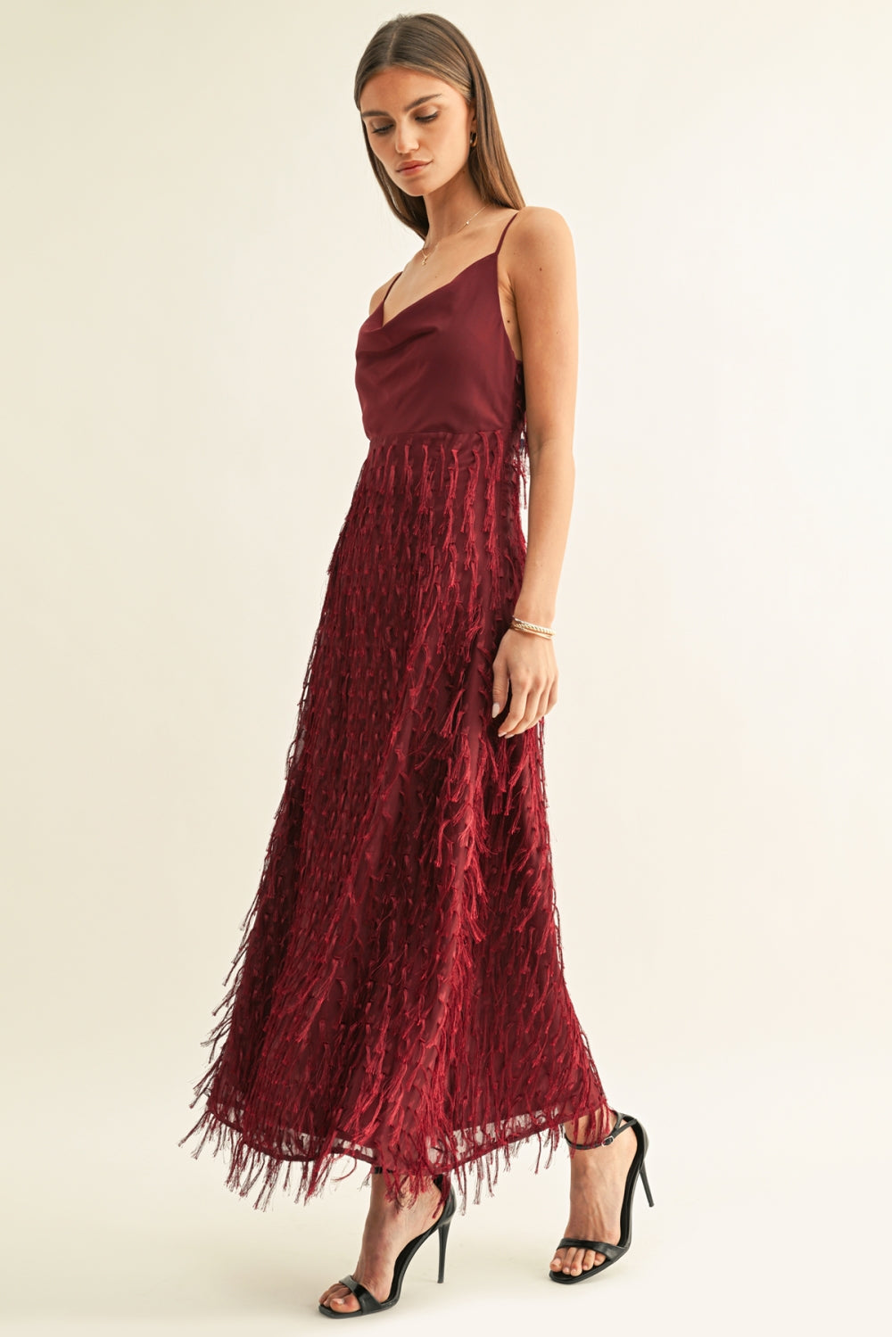 Ivy Cowl Neck Slip Maxi Dress With Feather Detail F269D7329_BURGUNDY
