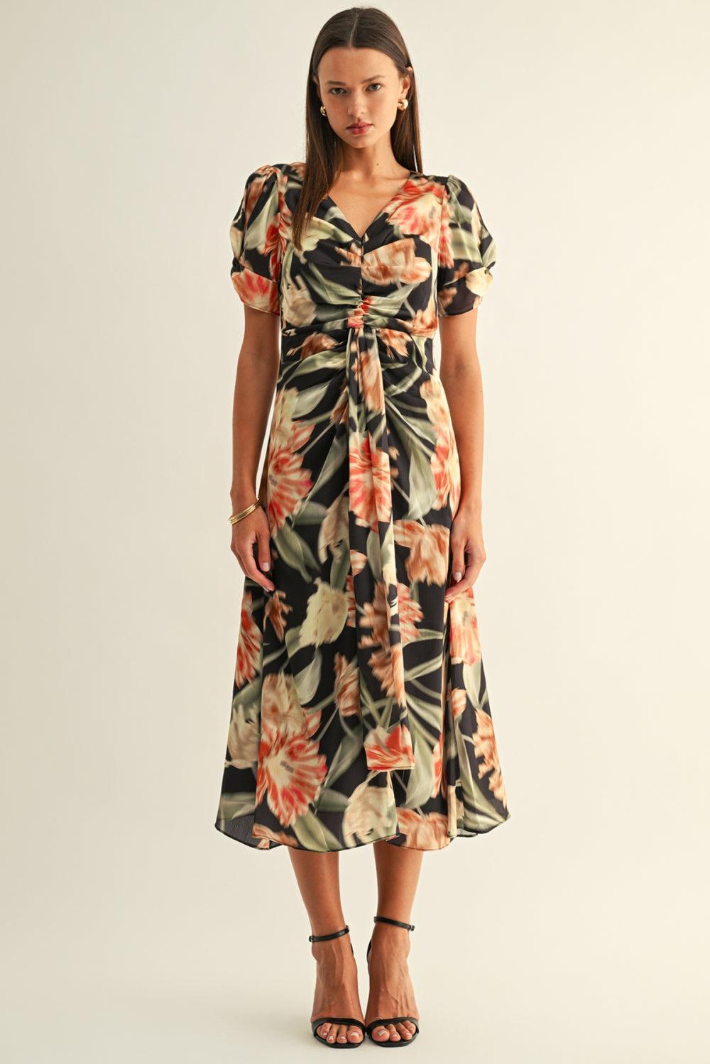 Jayde Pleated Detail Twist Sleeves Midi Dress F2610D7428_BLACK MULTI