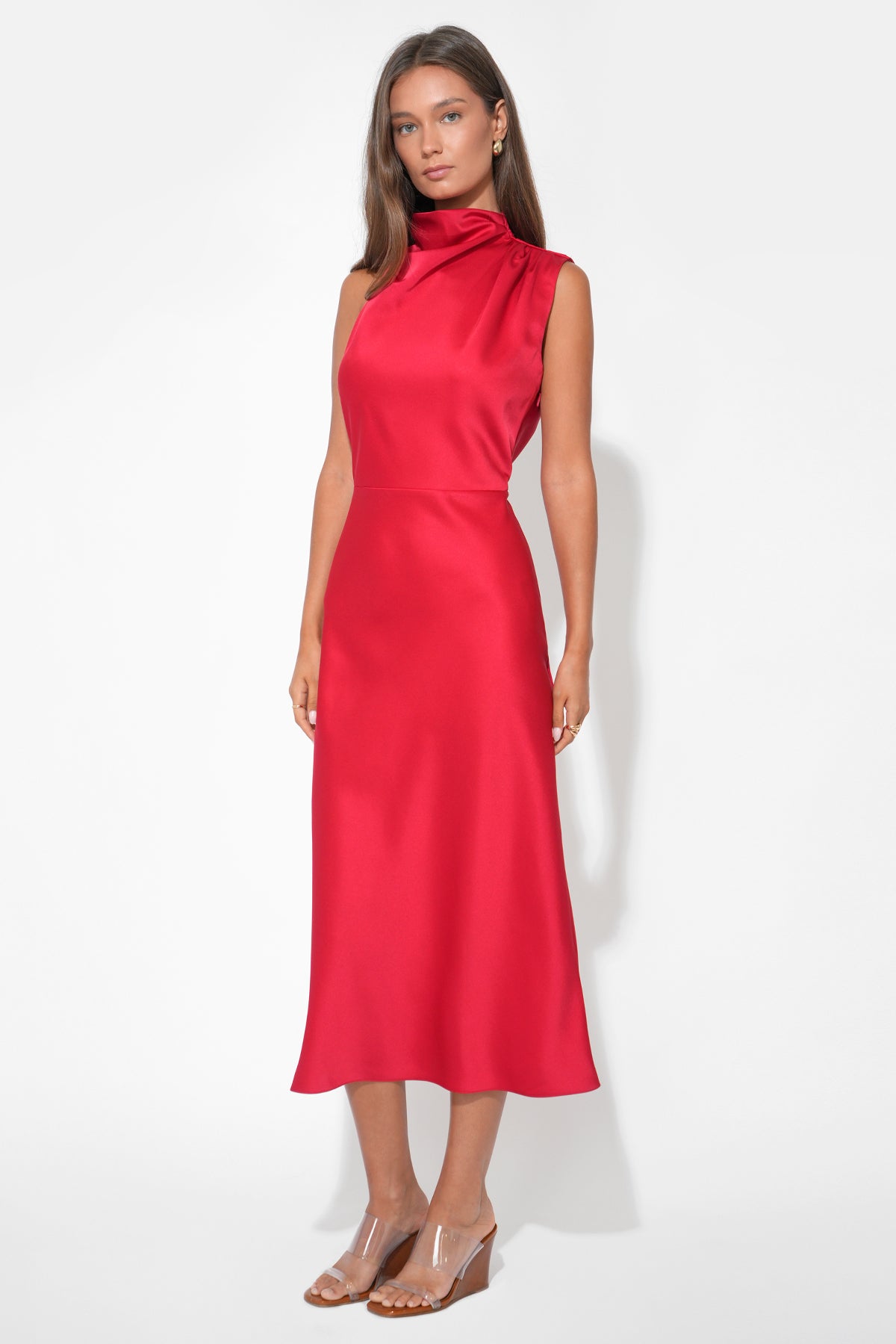 Jodie High Neck Satin Midi Dress F259D6438