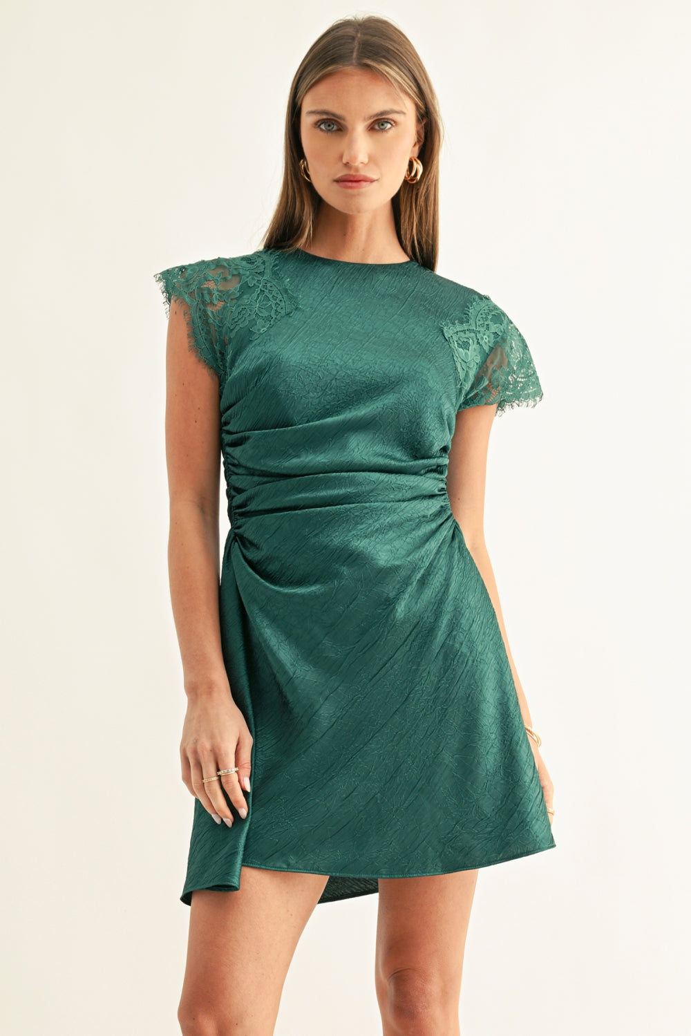Jordyn Asymmetric Hem Rushed Mini Dress F268D7265_DARK TEAL